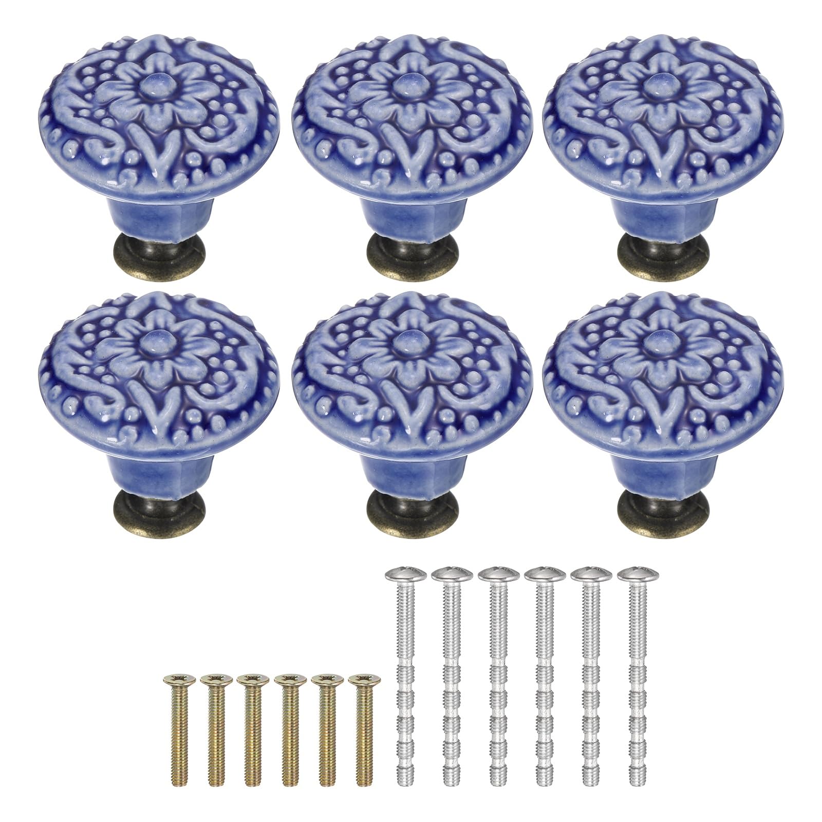 Boutons de meuble céramique haut de gamme à motif floral violet bleu 34mm lot de 6