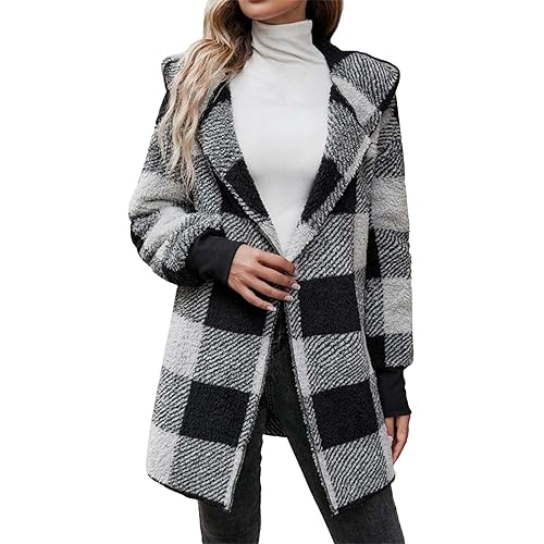 Womens Flannel Cardigan Buffalo Plaid Jacket Long Sleeve Loose Shackets Fall Winter Fuzzy Kimono Knitted Hooded Coats