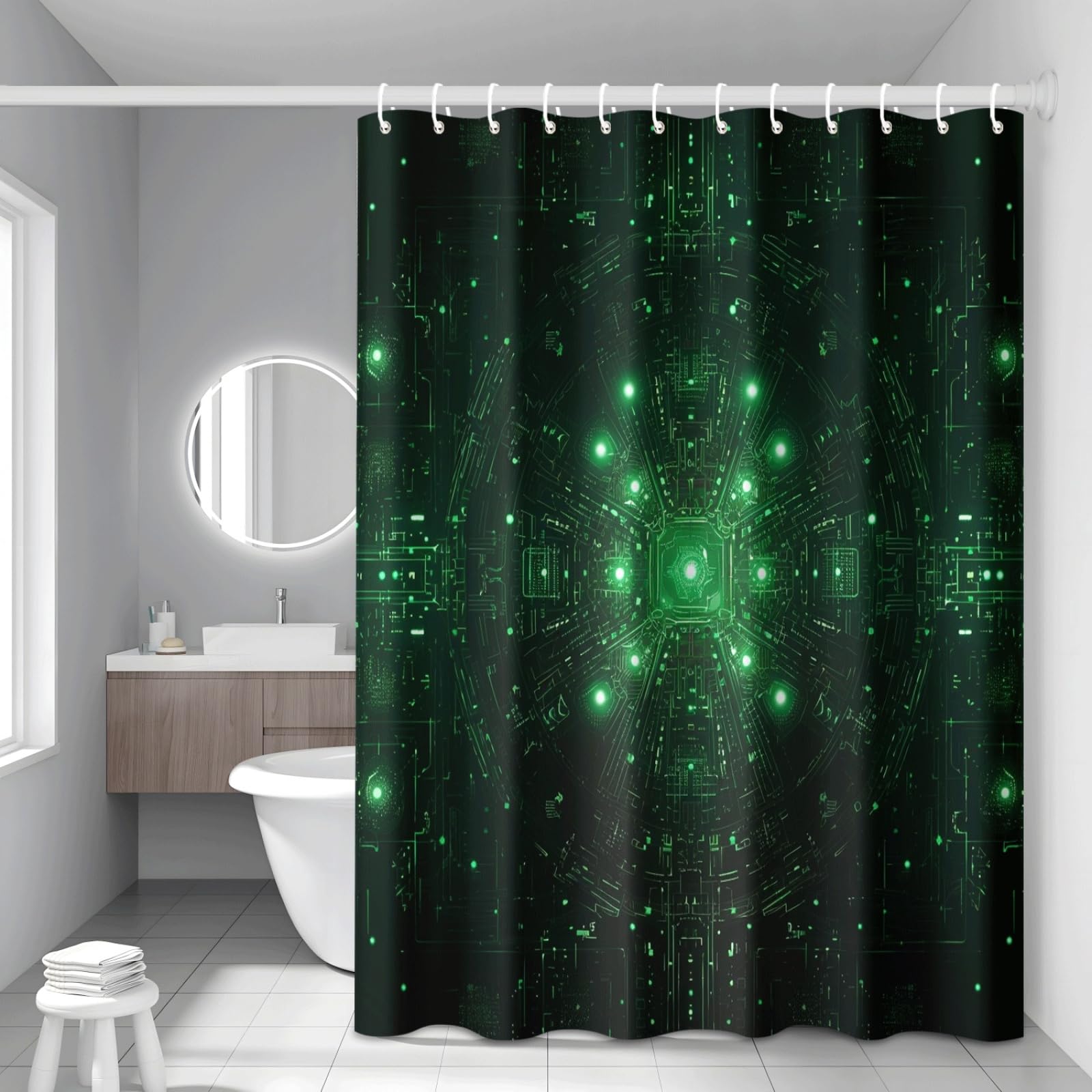 Shower Curtain Green Geometry Mould Resistant Shower Curtains for Bathroom Washable Polyester Bathroom Curtains Decor Wet Room Quick Dry Anti Mould Bath Curtain with 12 Hooks 180x220cm
