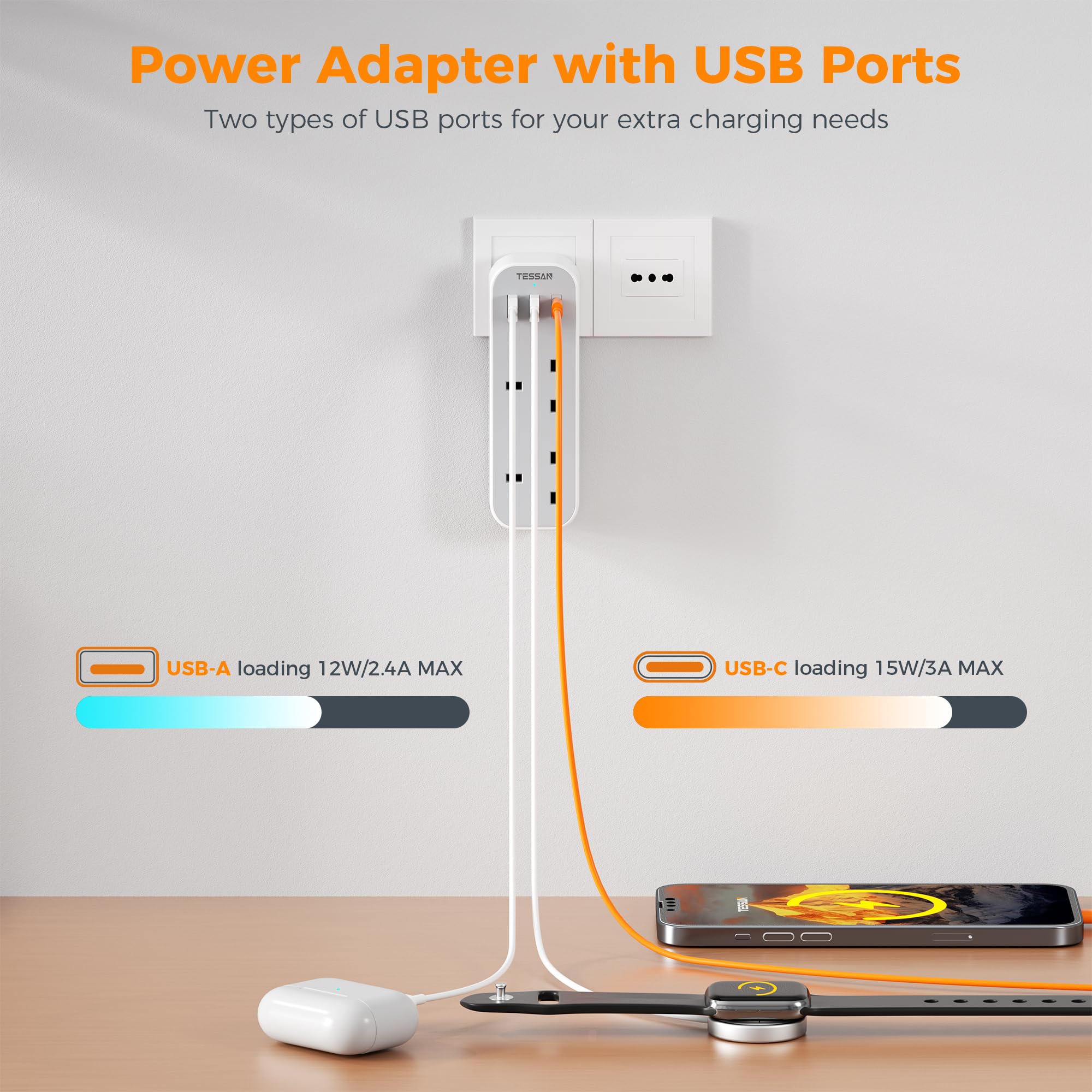 UK to Italy Plug Adapter, TESSAN Italian Travel Adaptor with 3 USB Ports (1 USB C) - Image 4