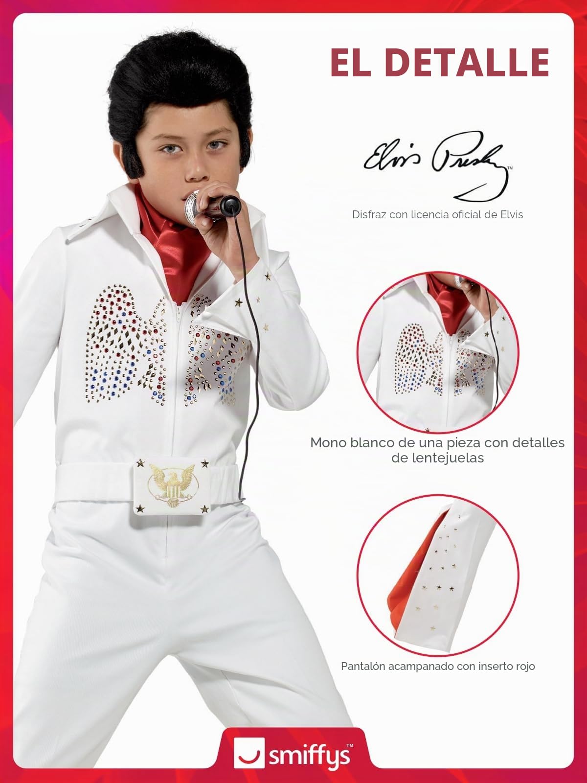 Smiffys Disfraz de Elvis, Blanco, con mono y bufanda Halloween, Carnaval