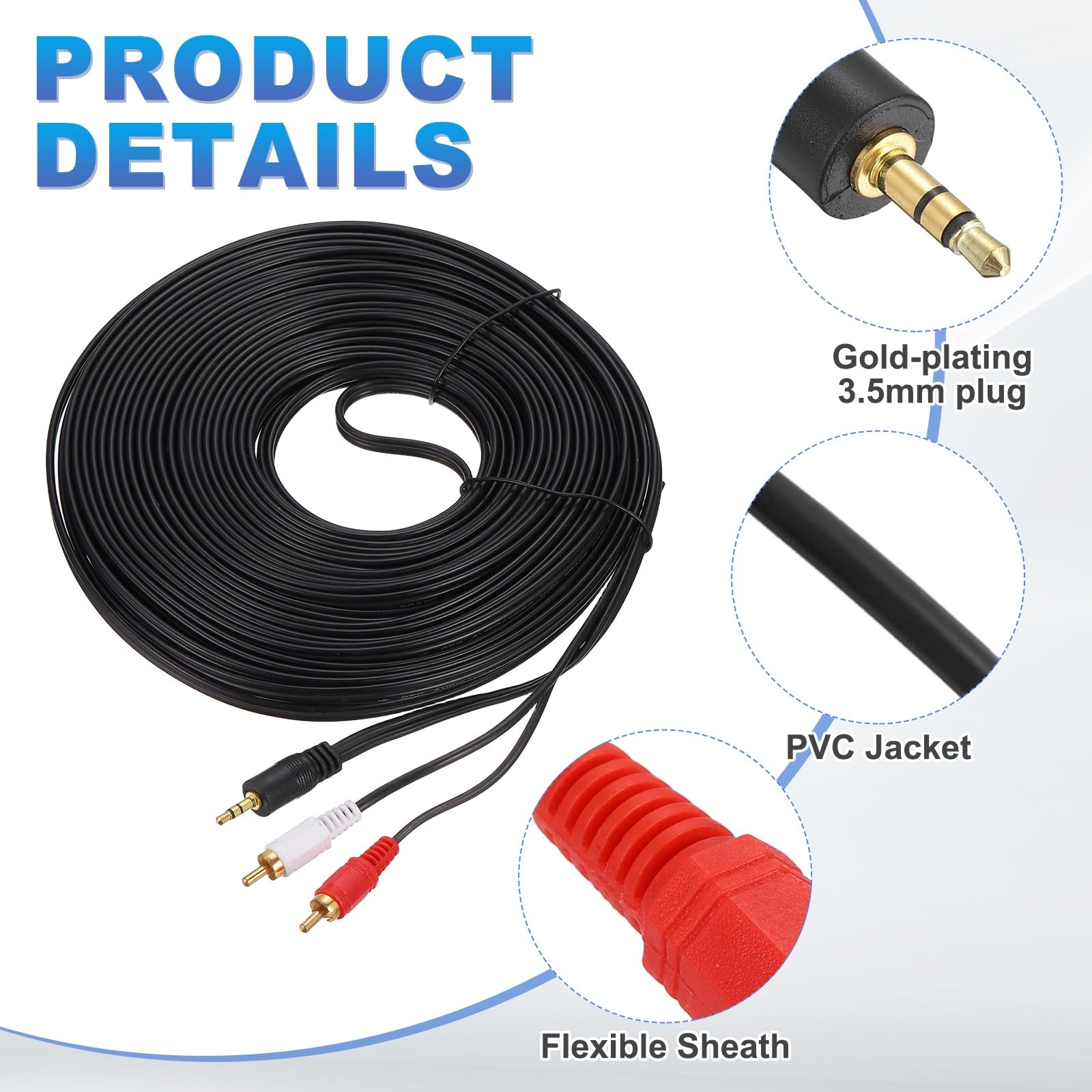 MECCANIXITY 2 cables TRS de 3,5 mm macho a conector 2RCA, 20 m (22 yardas), núcleo de cobre de 3 mm, cable AUX de audio de PVC para transmisión de sonido de alta fidelidad a TV, amplificador, altavoz