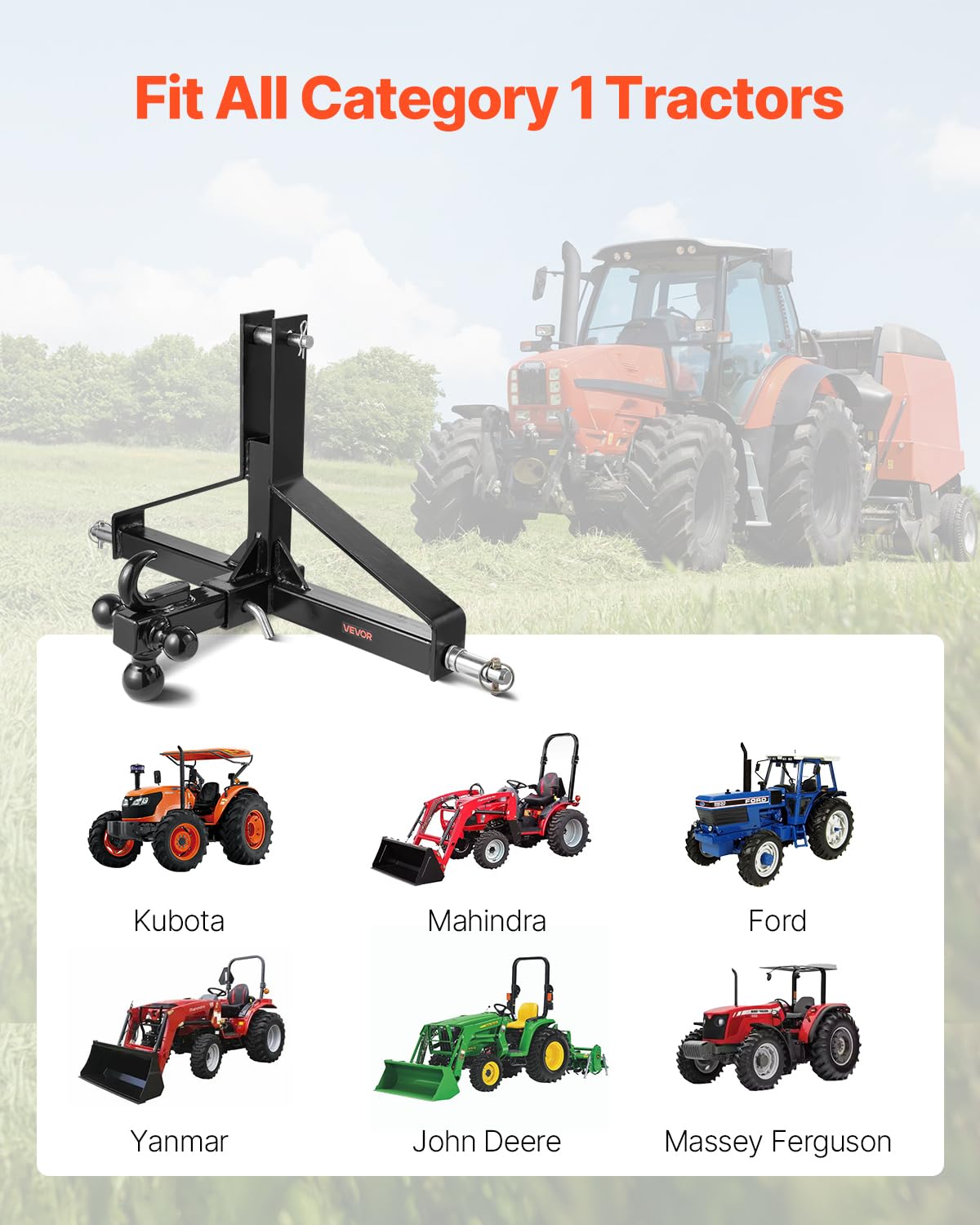 VEVOR 3-Punkt-Anhängerkupplung 660x165x450 mm, 3-Punkt-Schnellkupplungsaufsatz, Traktor-Dreipunktaufnahme, kompatibel mit Kubota, Mahindra, Ford, Yanmar, John Deere, Massey Ferguson