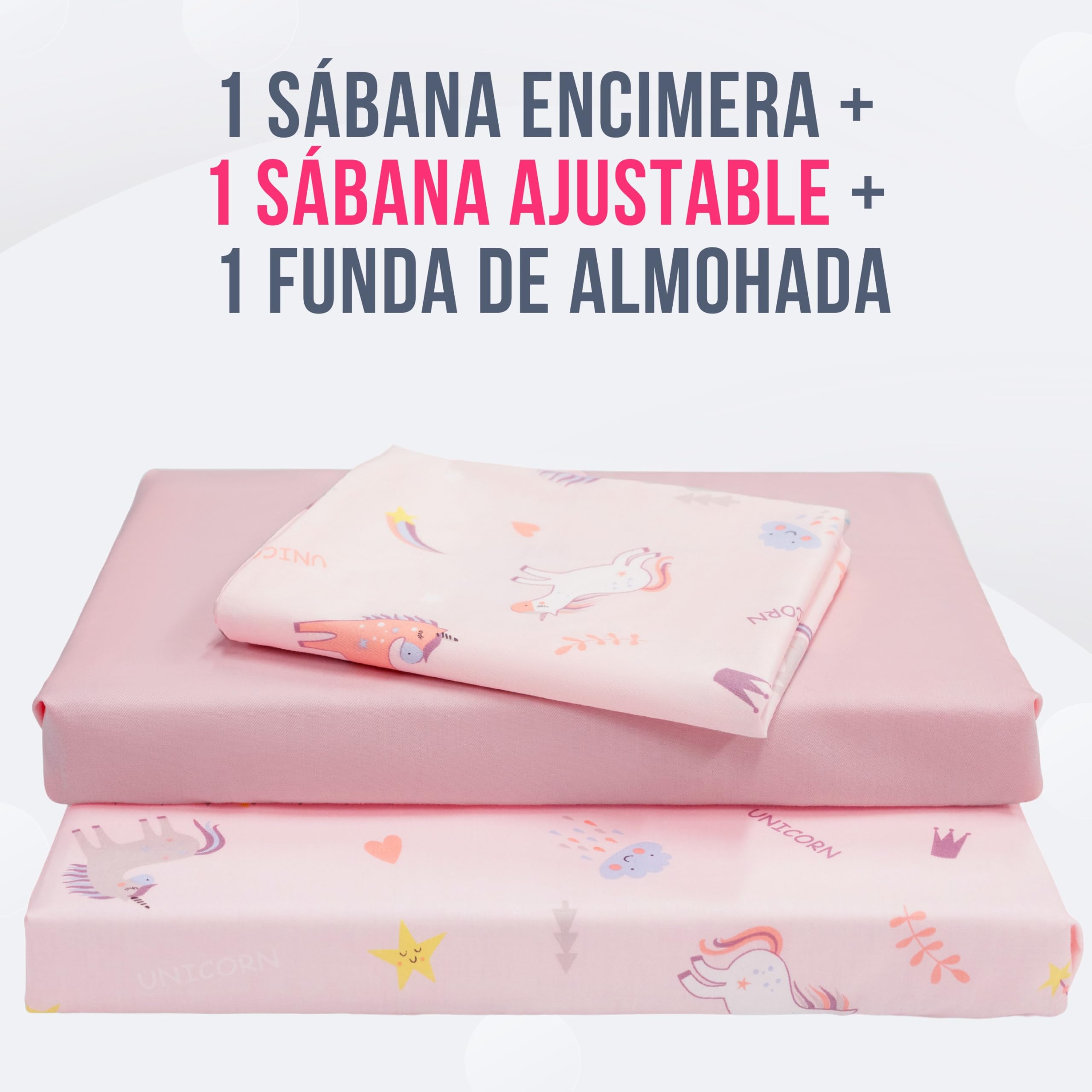 GOYSILA Juego de sábanas Montessori de 70 x 140 cm, 1 sábana Bajera con Esquinas elásticas, 1 sábana encimera, 1 Funda de Almohada, 100% algodón, Oeko Tex, Unicornios