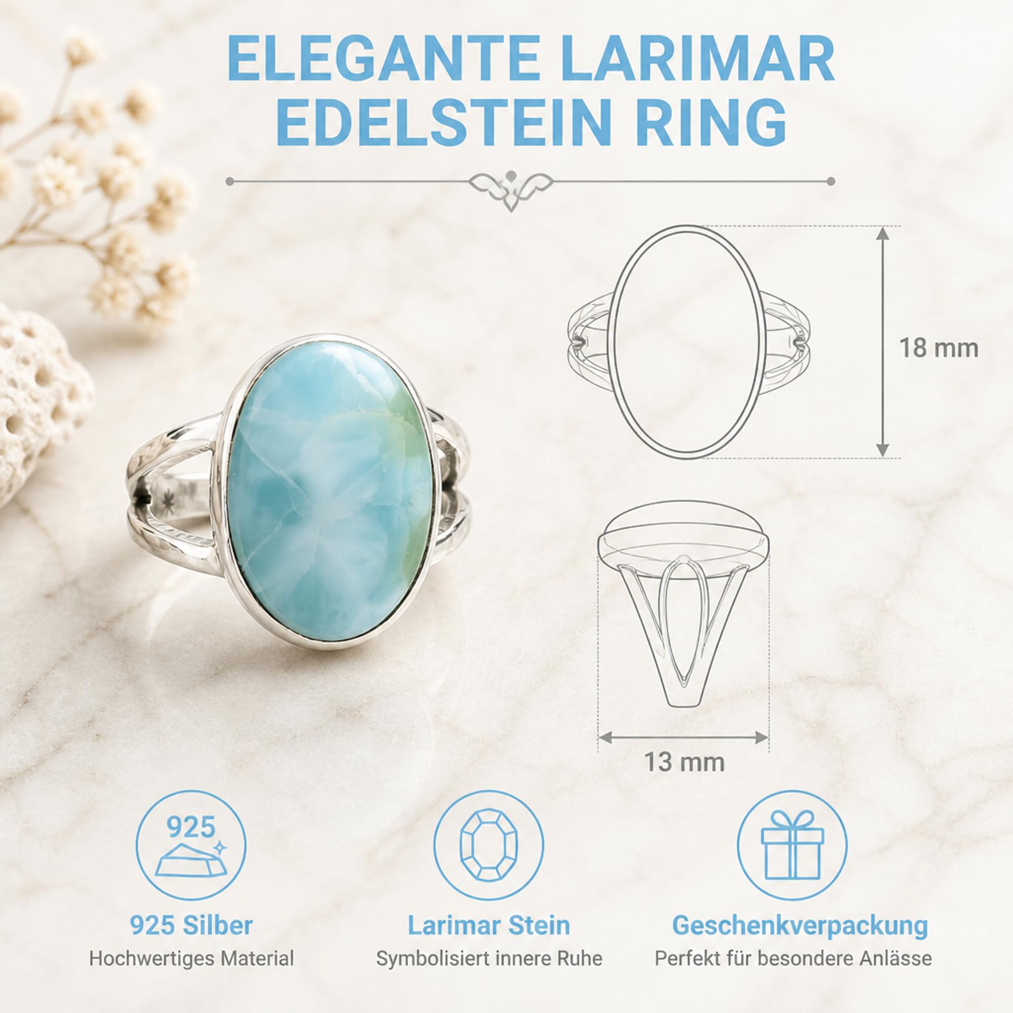 I-be, Larimar pierścionek z kamieniem szlachetnym owalny, srebro 925, w etui na prezent, 103012/13x18