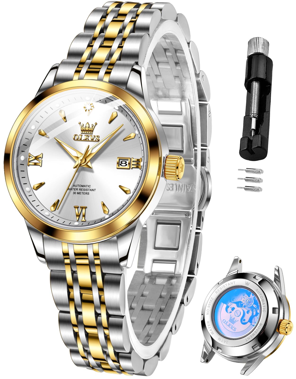 OLEVSWomens Automatic Watch Gold Luxury Diamond Self Winding Ladies Wrist Watches Waterproof Luminous Date