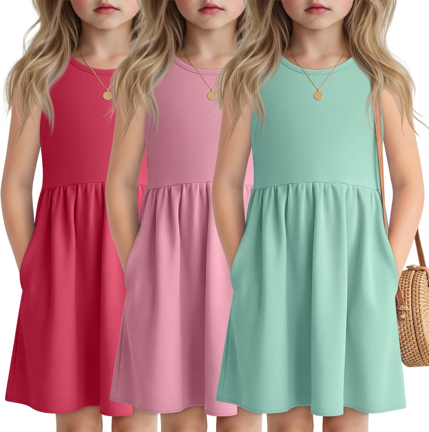 3 Pack Girls Sleeveless Summer Dresses 4T-13Y 2 Pockets Midi Tank Sundress Kids Casual Crewneck Loose Beach Dress