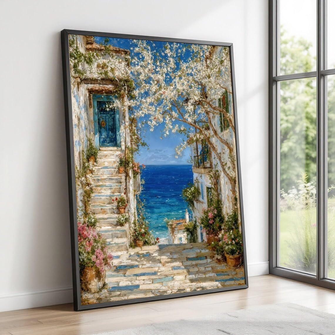XINBAO Mediterranean Coastal Village Scene, Blue Door Canvas Art Landscape Sea View Wall Decor, Floral Canvas Wall Art Painting(70x100cm/Frameless)