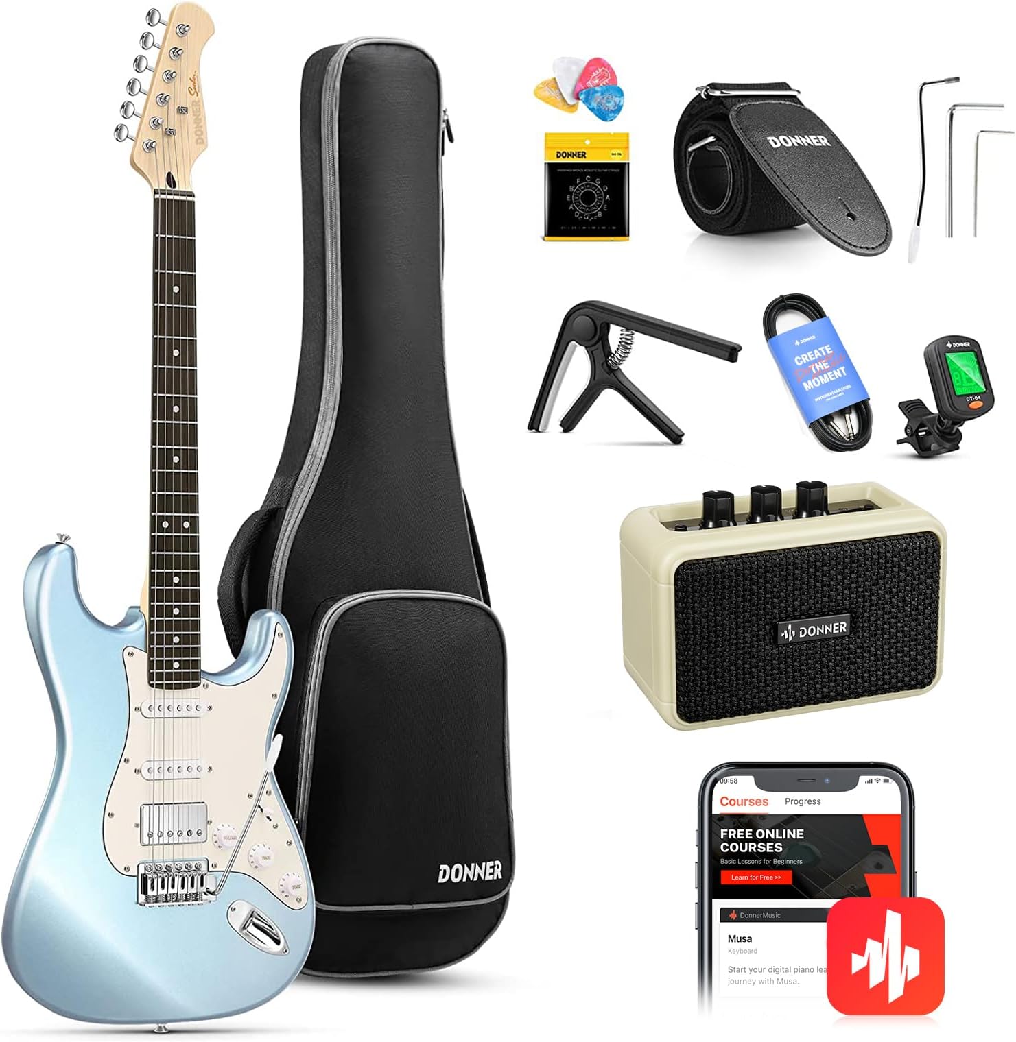 Electric Guitar, 39" Electric Guitar Kit HSS Pickup Coil Split, DST-152R Beginner Set with Amp, Bag, Capo, Strap, String, Tuner, Cable, Picks, Metallic Ice Blue