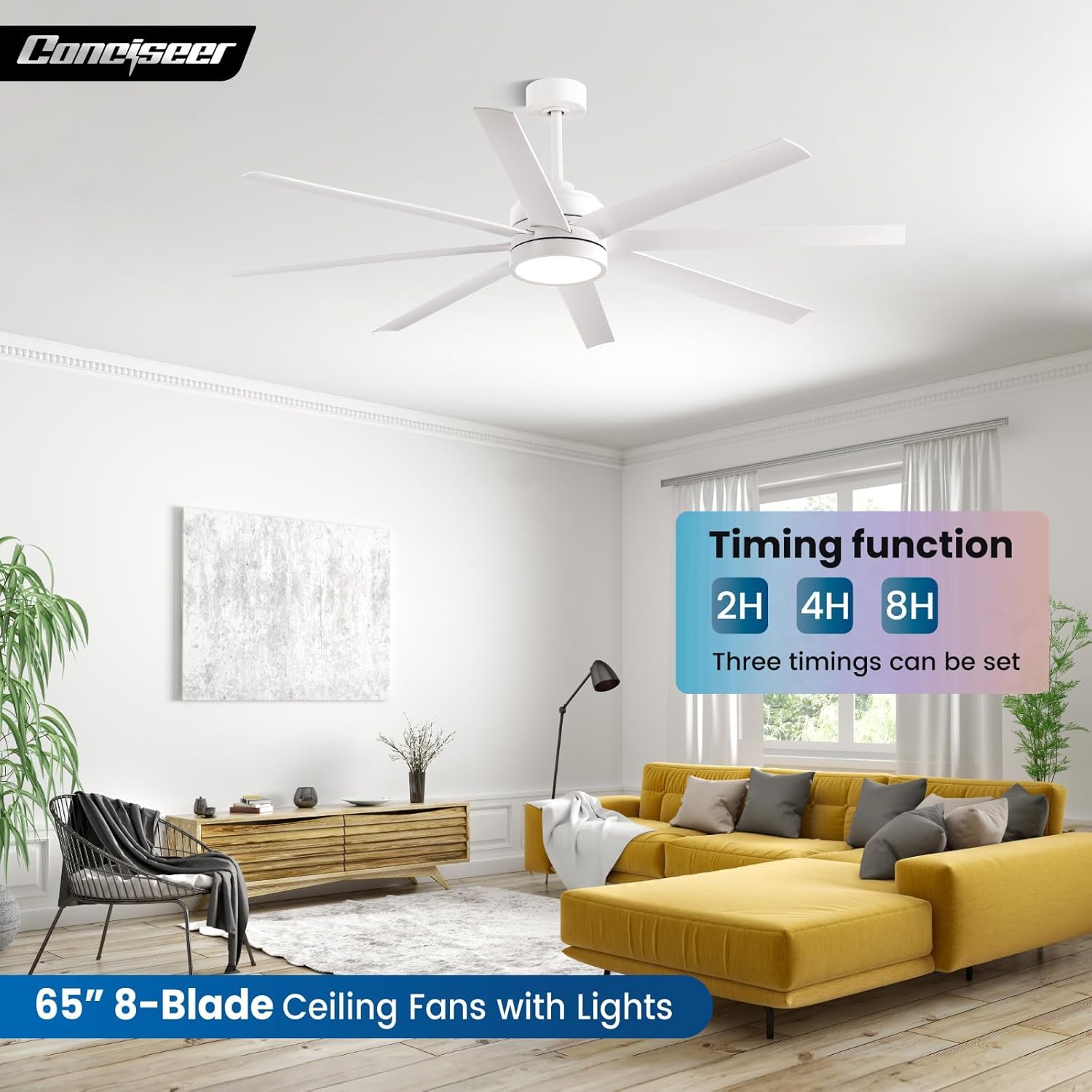 Modern Ceiling Fans with Lights, 65 Inch Ceiling Fan with Light and Remote for Bedroom Living Room Kitchen Office, Indoor/Outdoor Use, 24W 3CCT 8 Blades 6 Speed Reversible Quiet DC Motor, White - Image 3
