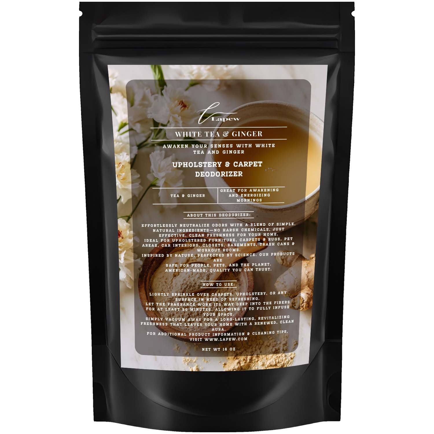 Lapew White Tea & Ginger Carpet Freshener Powder: Powerful Odor Eliminator for Home, Upholstery Deodorizer, Carpet Deodorizer, Pet Urine, Cat Litter