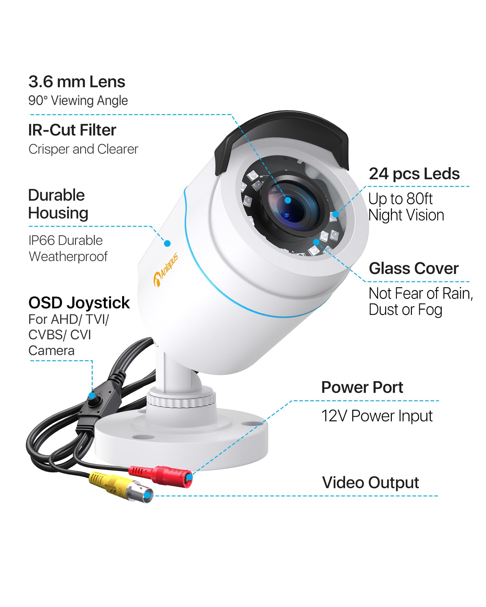 Anlapus 1080P Telecamera Analogica di Sorveglianza per Esterni, 2MP Videocamera Cablata AHD/960H/CVI/TVI, Visione Notturna da 24 m, IP66 Resistente alle Intemperie