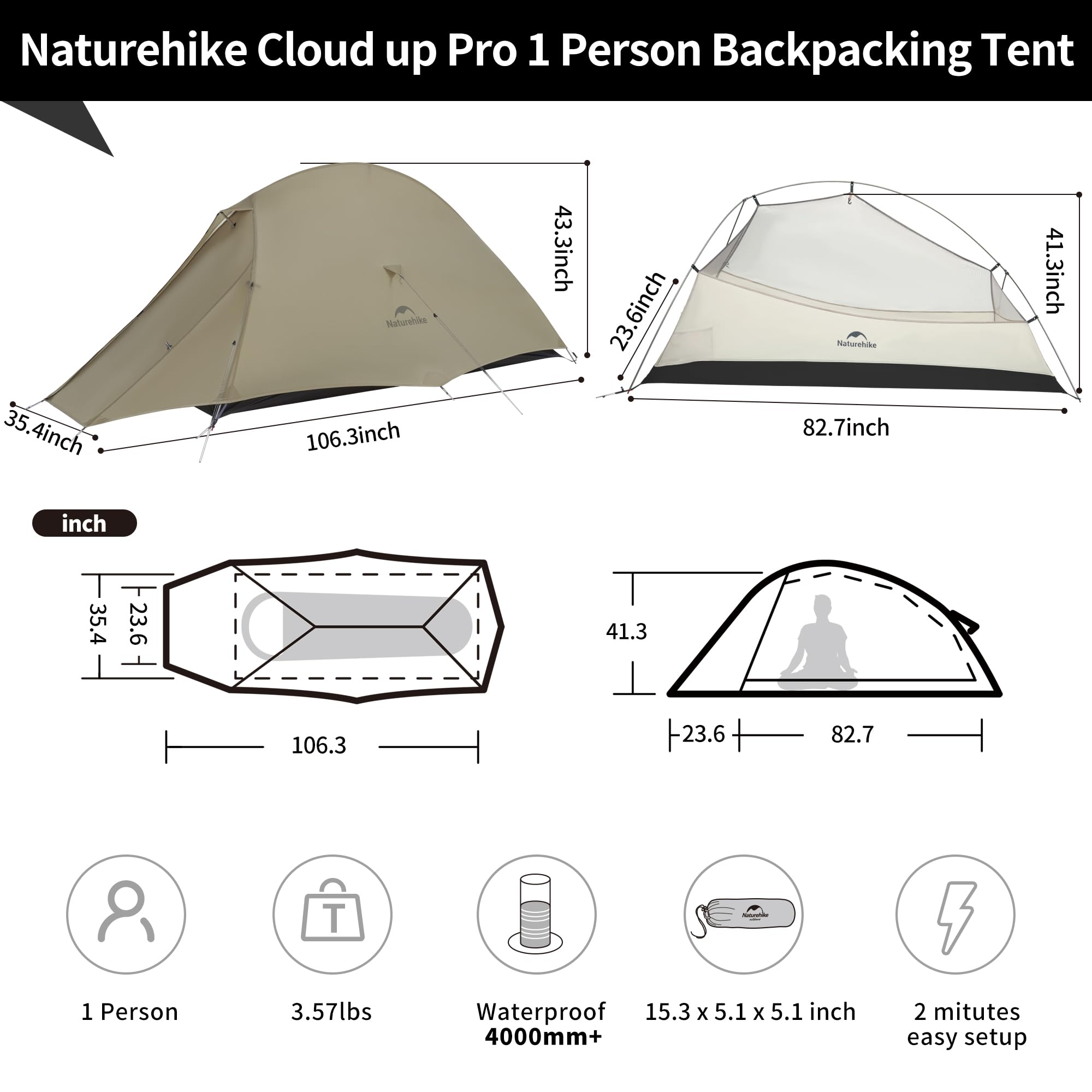Cloud Up 1 Person Tent, Lightweight Backpacking Tents for One Man, Waterproof Ultralight One Person Tent for Camping Hiking Backpacking