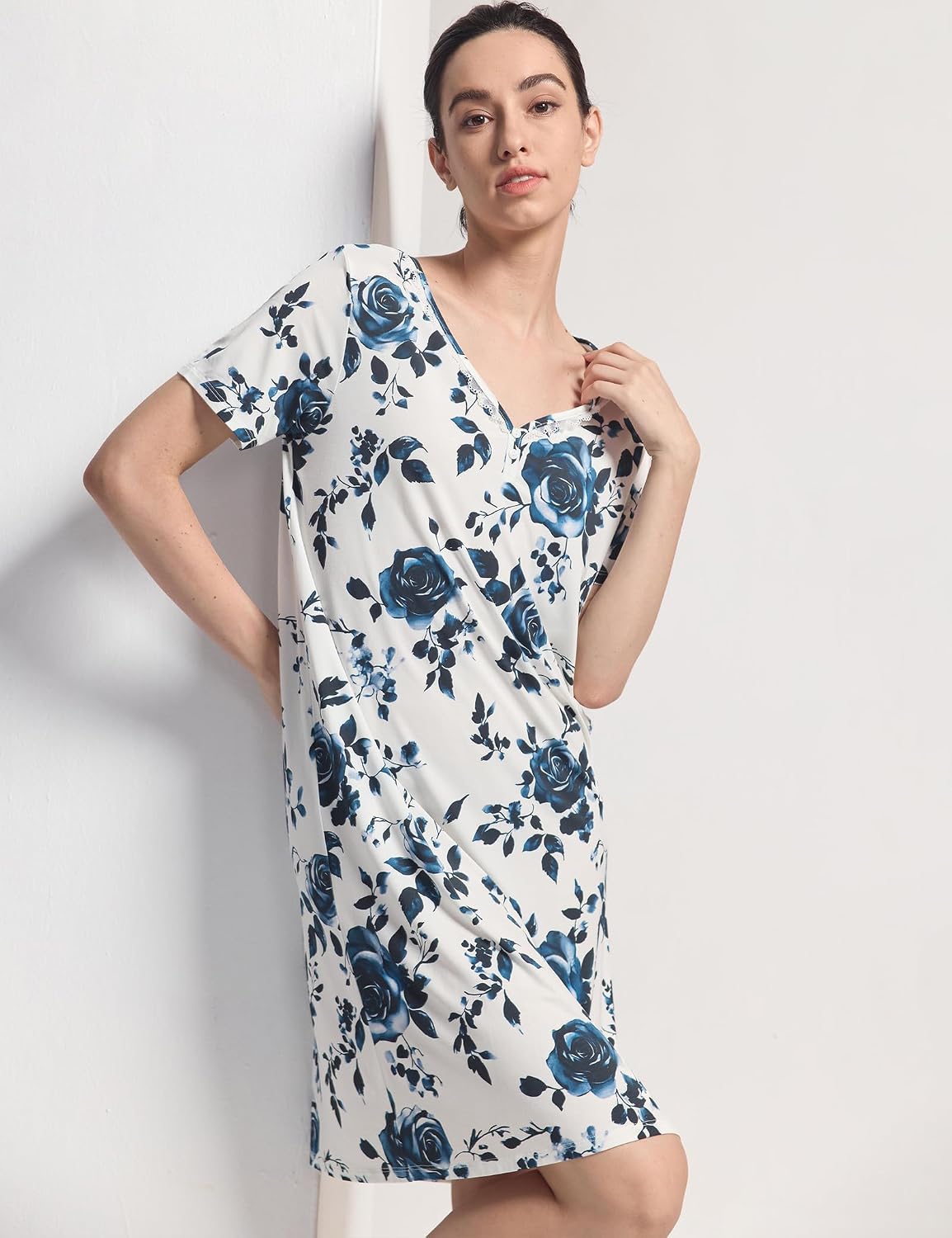 GYS Women's Nightgowns Bamboo Viscose Soft Comfy Short Sleeve V Neck Sleep Dress