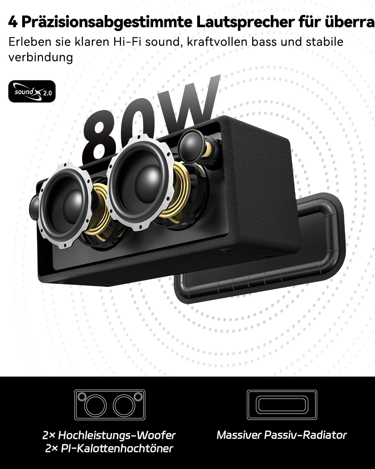 StageSound - Altoparlante Bluetooth, stile retrò, wireless, portatile, con Bass Boost, impermeabile IP67, luci LED, accoppiamento TWS, 12 ore di riproduzione, TF/AUX/USB, per feste, casa, all'aperto