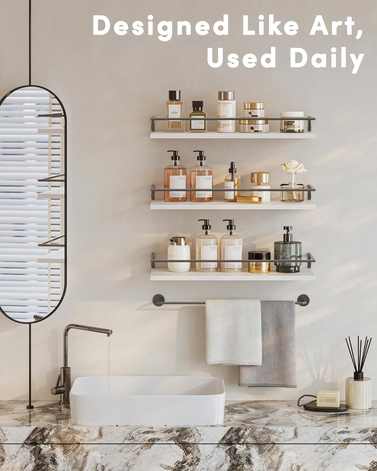 Onlysky Bathoom Shelves, Floaiting Shelves for Bathroom, Set of 3, Bathroom Shelf Wall Mounted (White Grey, 15.7 Inches, 3)