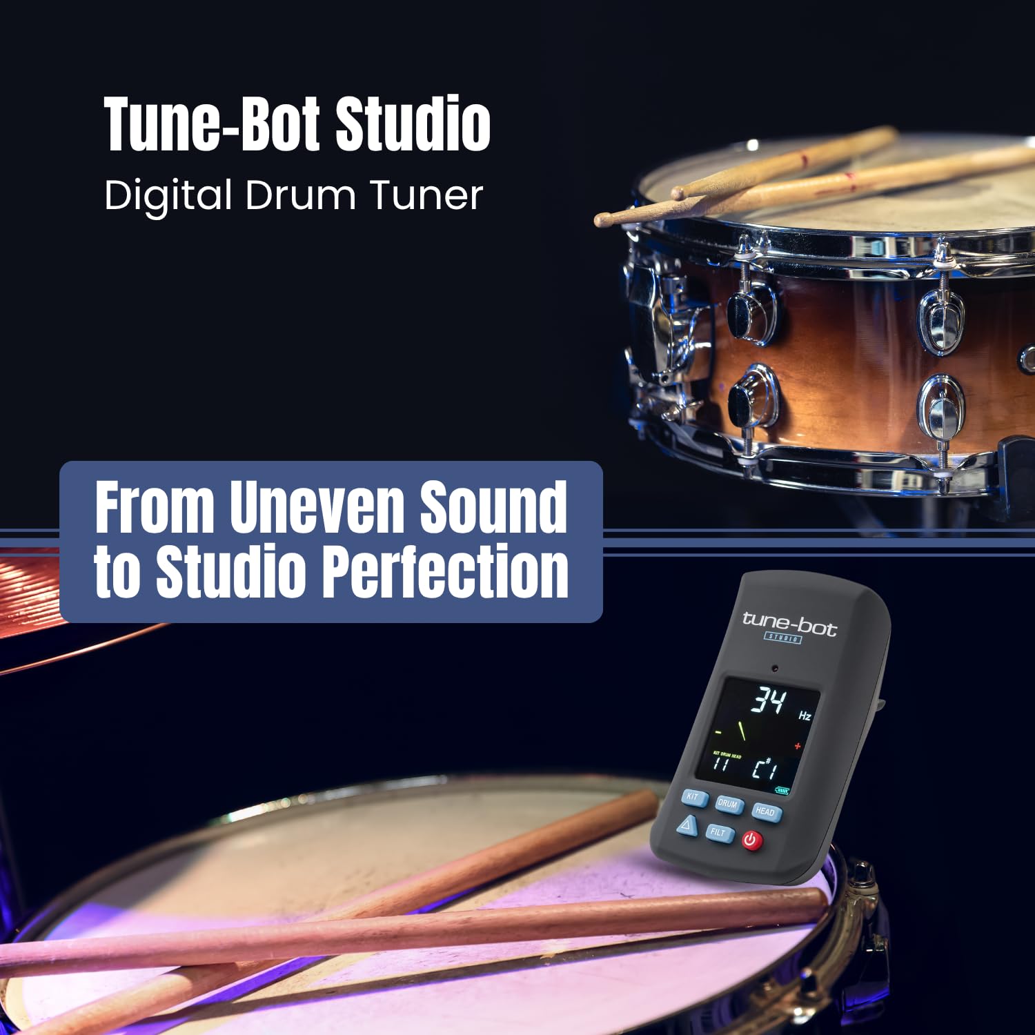 Tune-Bot Studio TBS-001 - Paquete de afinador de batería con funda de transporte rígida, dispositivo de afinación digital de batería, kit de afinación de tono para batería acústica, accesorios