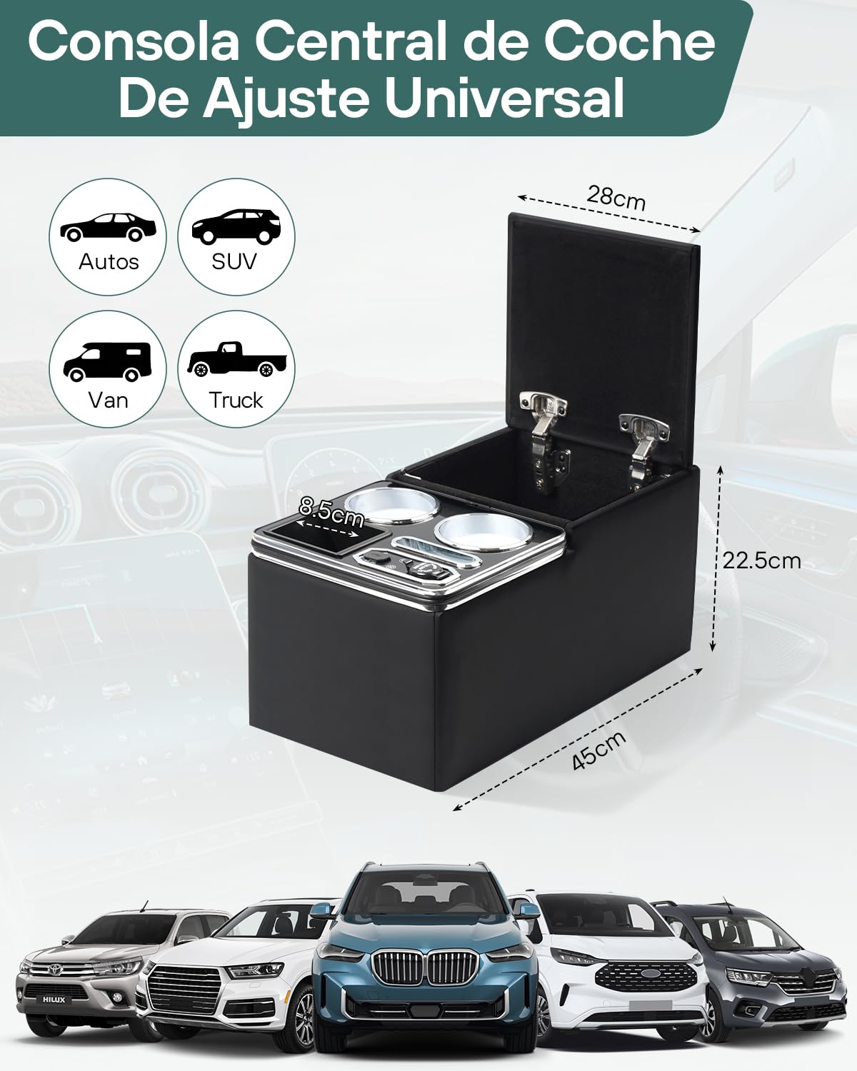 Consola Central Coche Universal con Compartimentos de Almacenamiento, Carga Inalámbrica y Luces LED de 7 Colores, para Van, SUV, Camión, Autobús y Coches de más de 4.7 m