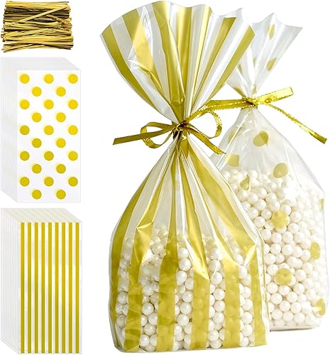 JANMIN Paquete de 120 bolsas de celofán, bolsas de dulces doradas y blancas, bolsas de regalo, bolsas de regalo con lazos giratorios para regalo de
