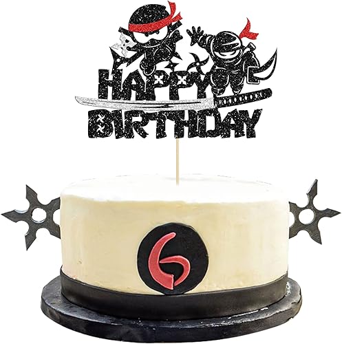 Gyufise 1 pieza de decoración de pastel de cumpleaños ninja con purpurina negra para artes marciales, karate, kung fu, guerreros, para tartas,