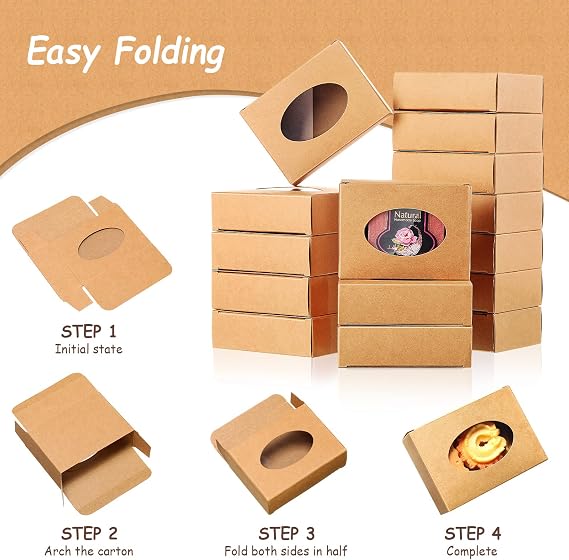 Spakon 60 Pack Kraft Soap Boxes for Homemade Large 3.8 x 2.8 x 1.2 Inch Soap Packaging Gift Boxes with Oval Window for Soaps Candy Cookies Wedding Birthday Easy to Assemble(Brown)