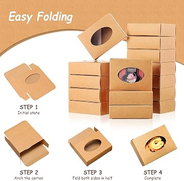 Spakon 60 Pack Kraft Soap Boxes for Homemade Large 3.8 x 2.8 x 1.2 Inch Soap Packaging Gift Boxes with Oval Window for Soaps Candy Cookies Wedding Birthday Easy to Assemble(Brown)