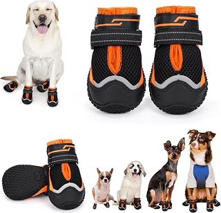 TEWIWAP Dog Boots for Hot Pavement - Paw Protectors for Medium Large Dogs, Reflective Anti-Lick Booties for Hiking, Snow, Hardwood Floors (Black Orange Size 3)