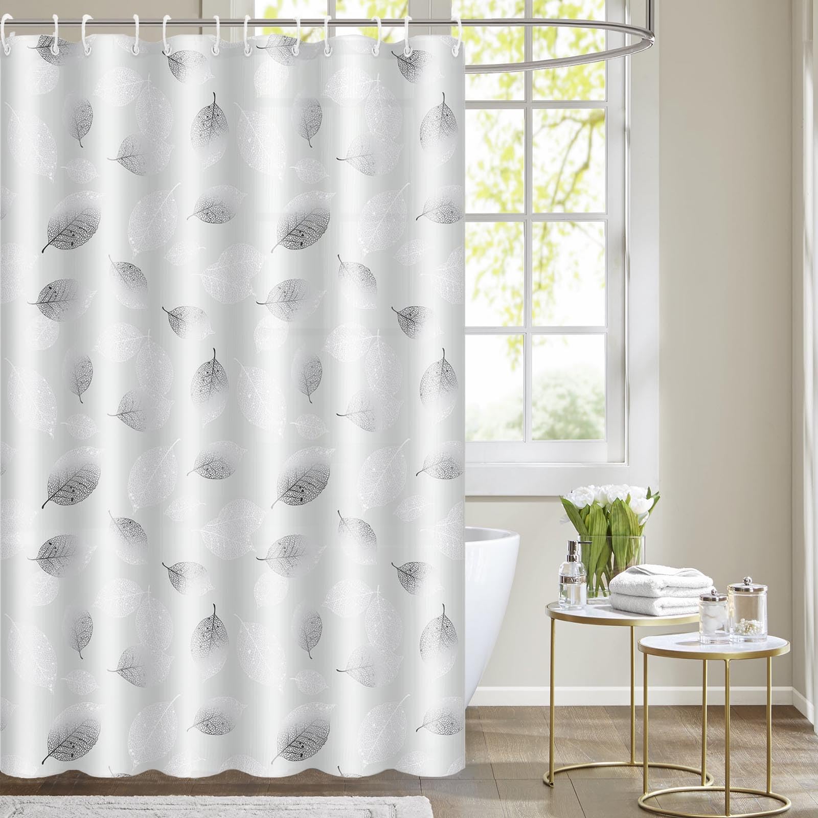BANLMEYD Shower Curtain, Premium PEVA Mould Resistant Waterproof Shower Curtain with Rustproof Grommets and 12 Hooks for Wet Rooms, Shower, Bath(Black and White Leaf, 180x180cm) — image 1