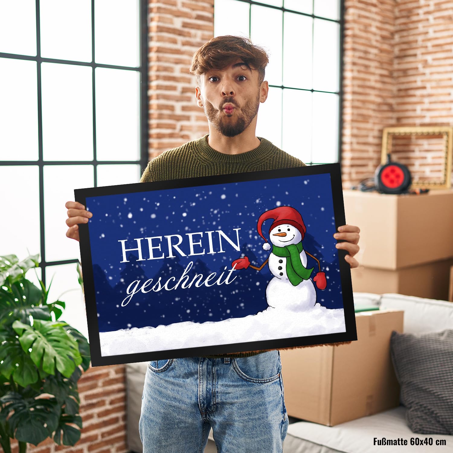 speecheese Hereingeschneit Schneemann Fußmatte XXL in 50x75 cm als schöne Dekoration für den Eingang zum Advent, zu Weihnachten und zur Winterzeit für Dein Zuhause