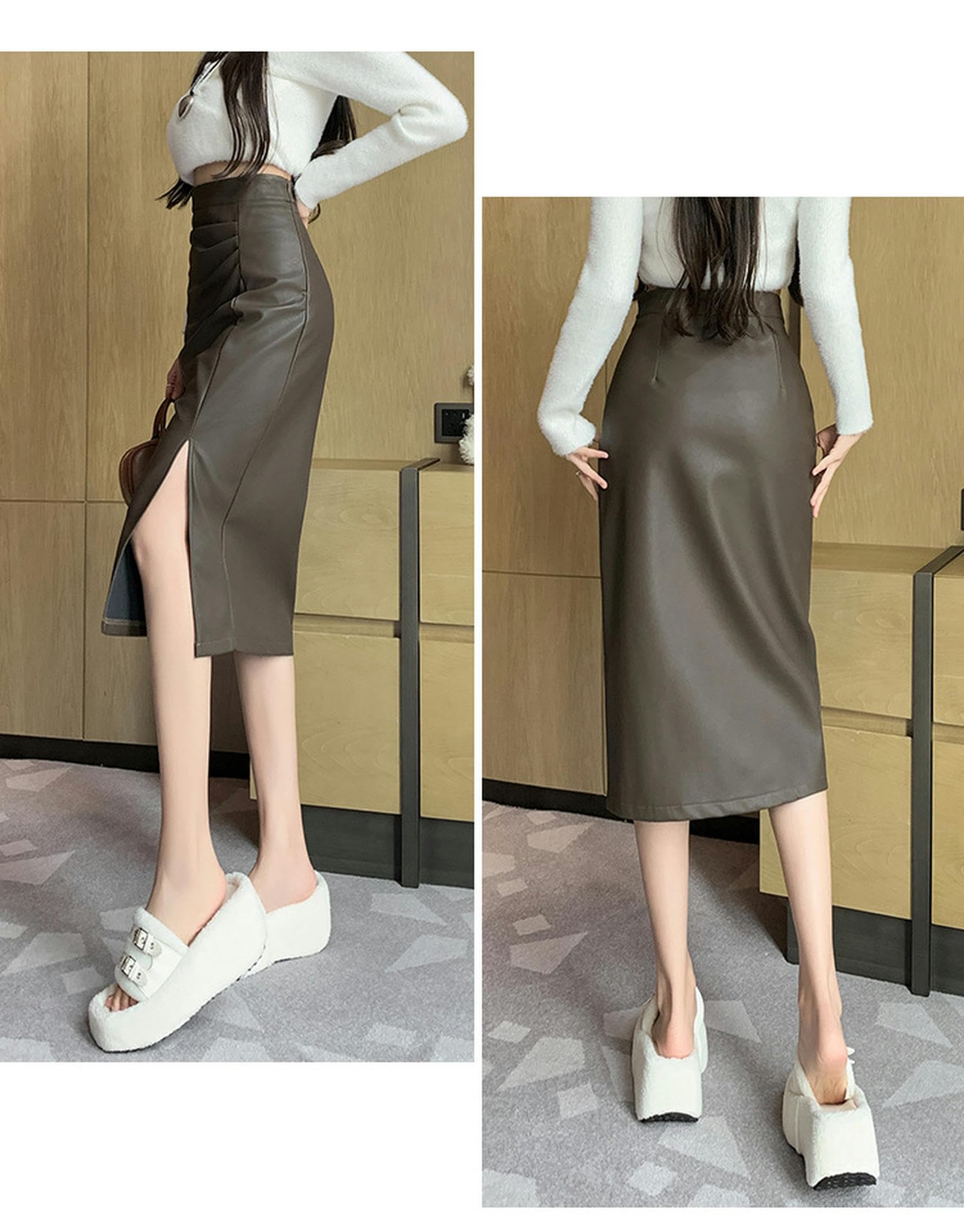 Gonna Lunga Donna Gonna delle Donne in Finta Pelle Gonna Basica A Vita Alta in Pelle Gonna Nera Classica Matita Bodycon Gonna Fashion Split-Nero-m