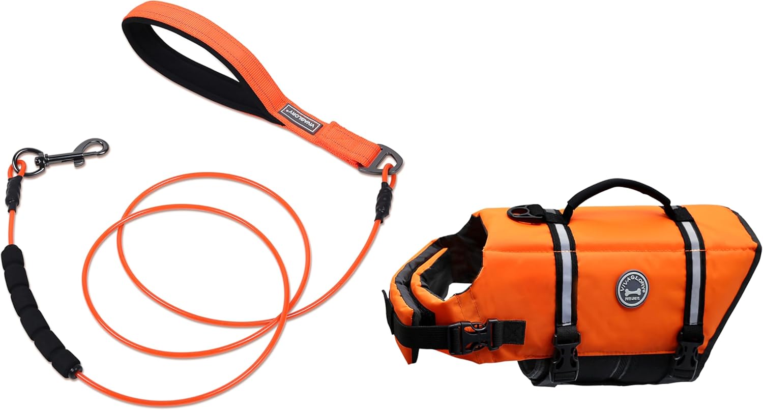VIVAGLORY Chewproof Dog Leash + Dog Life Jacket, Waterproof Chewable Stainless Steel Wire Rope Reflective