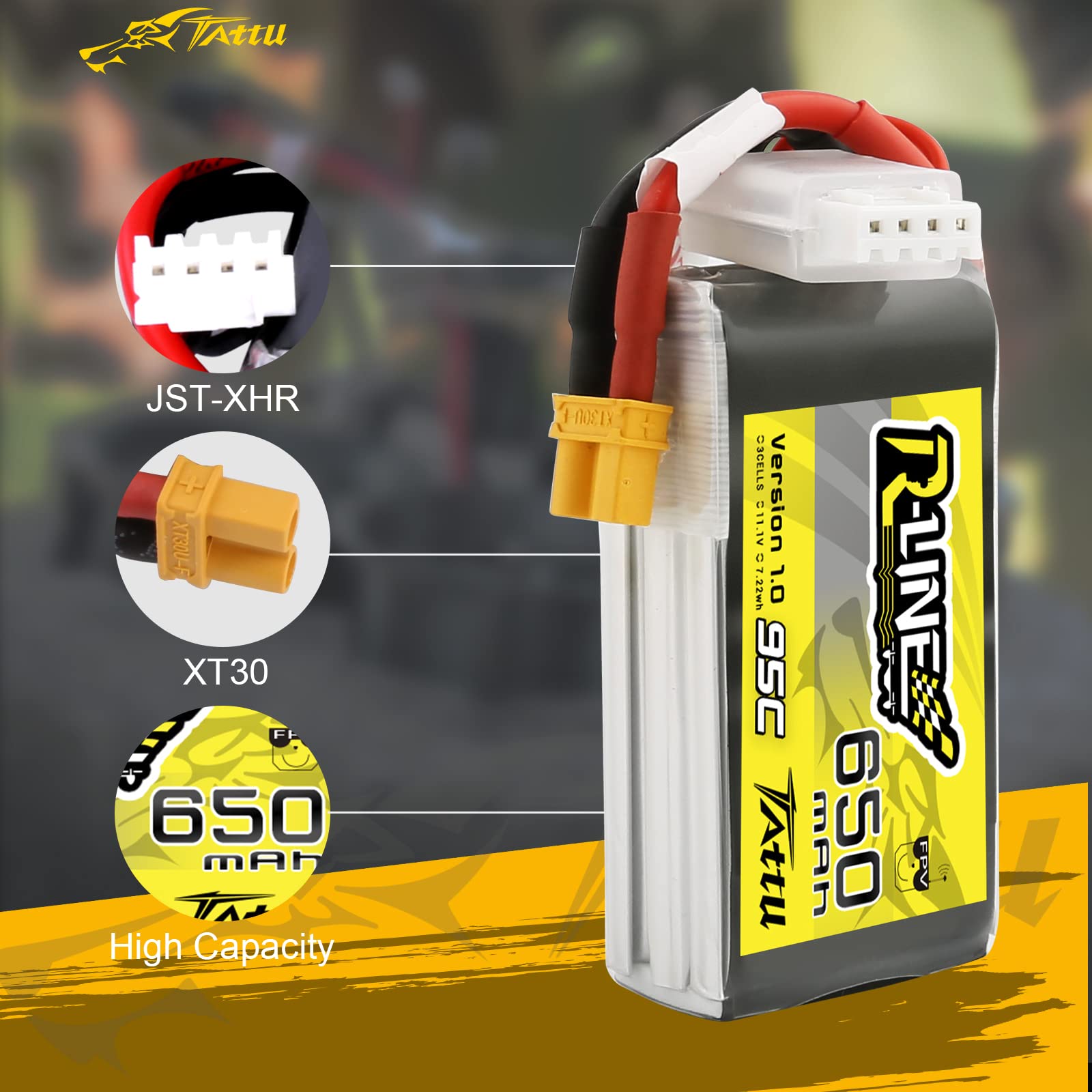 Tattu 3S Lipo Battery 11.1V 650mAh 95C Soft Case R-Line Lipo Battery Pack avec connecteur XT30 pour UAV Drone FPV Racing RC Quadcopter multirotor de Taille 100 à 180