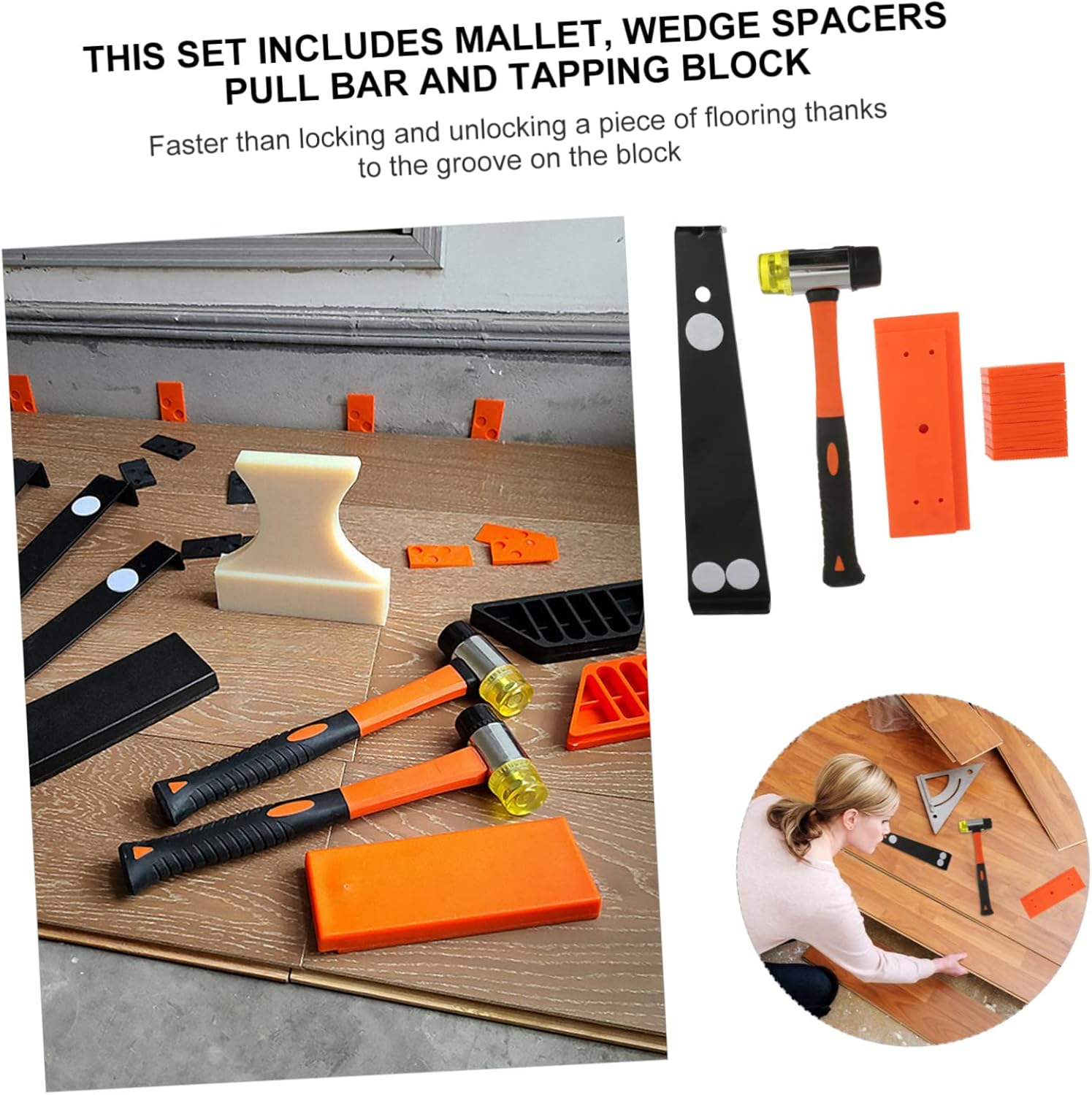 1Set Wood Flooring Installation Tool Kit with Wedge Spacers Tapping Block Pull Bar Mallet for Quick Efficient Laminate Hardwood Flooring Setup