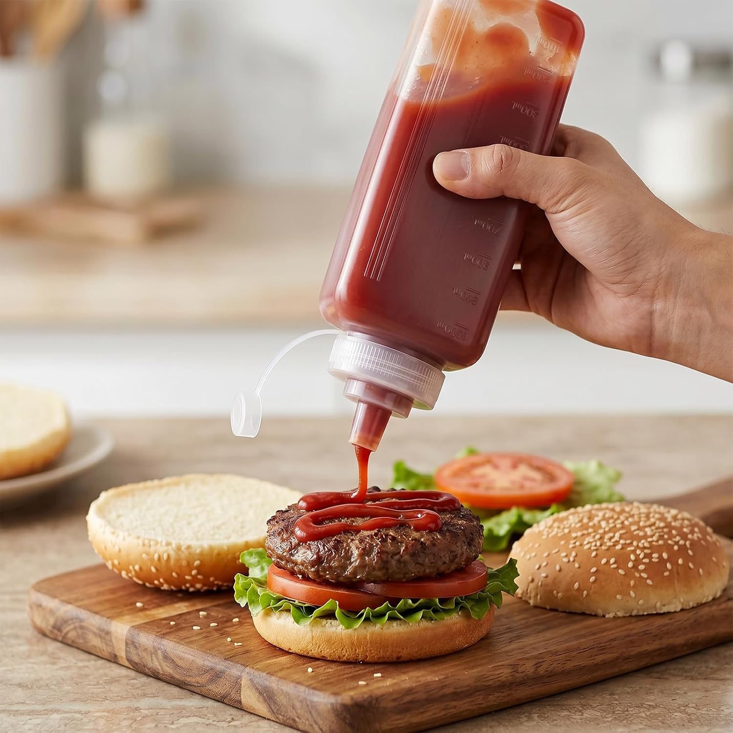 SEUNMUK 6 Pack 1 QT(1000ml) Large Condiment Squeeze Bottle, 34oz Wide Mouth Square Squeeze Sauce Bottle with Lid, Empty Plastic Dispenser Bottles for Liquid, Ketchup, Taco, Salad Dressing, Sauces