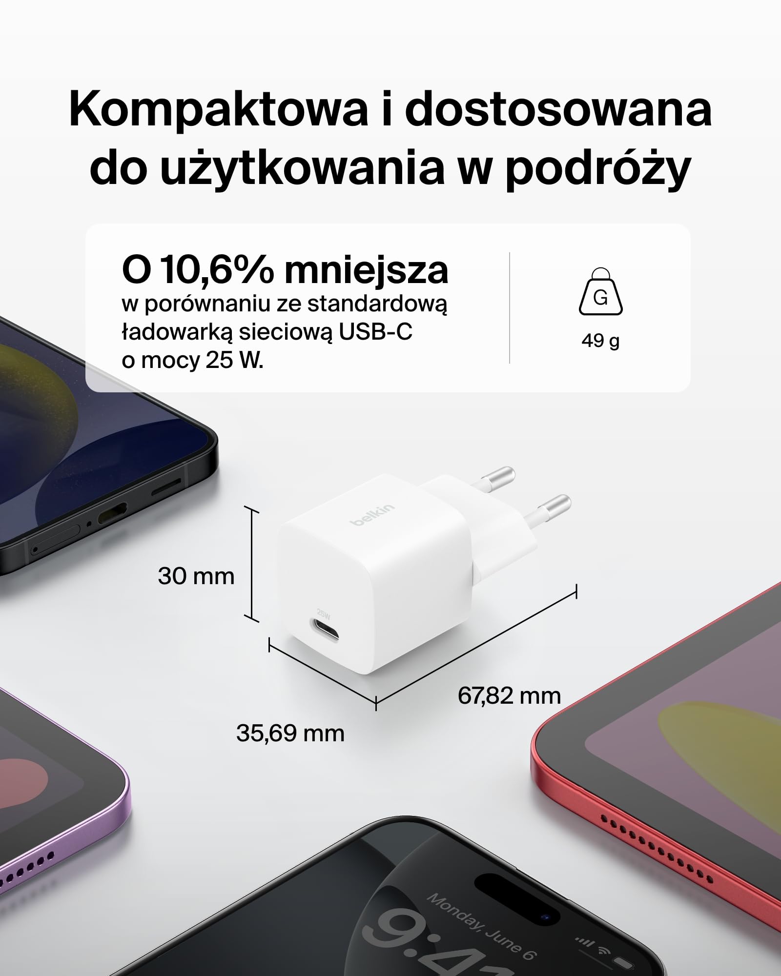 Belkin ładowarka sieciowa USB-C 25 W – szybkie ładowanie USB-C PD 3.0 z PPS dla urządzeń Apple iPhone 16, iPhone 15 Plus, Pro, Pro Max, iPad, Samsung Galaxy S25, Pixel 9, Nintendo Switch – biała