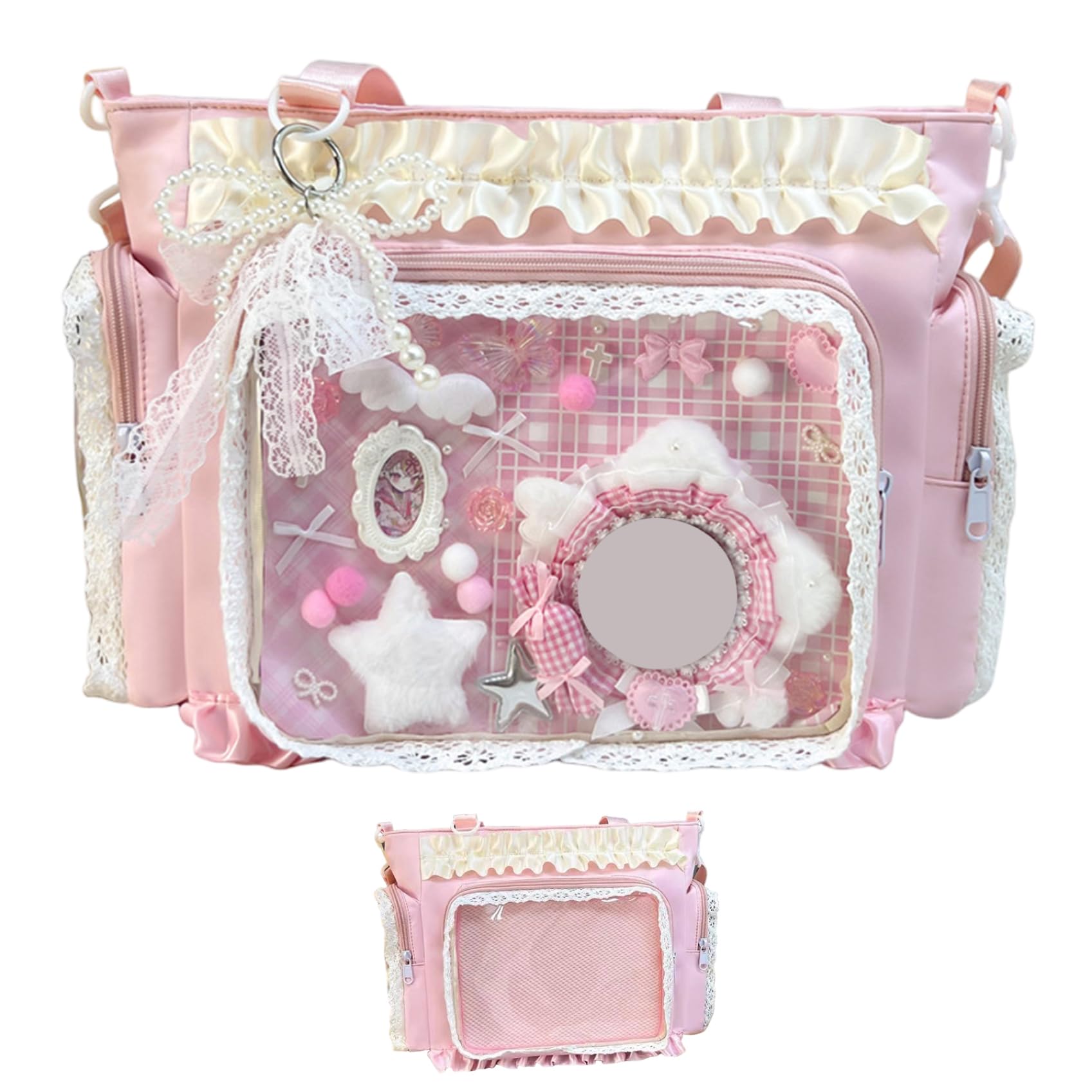Ameble Ita Bag, Kawaii Lace Ruffle Nylon Japanese Pin Bag with Side & Front Clear Display Adjustable Straps Y2k Cute Messenger Handbag for Girls, Style 1 Ita, Crossbody, Pin, Japanese