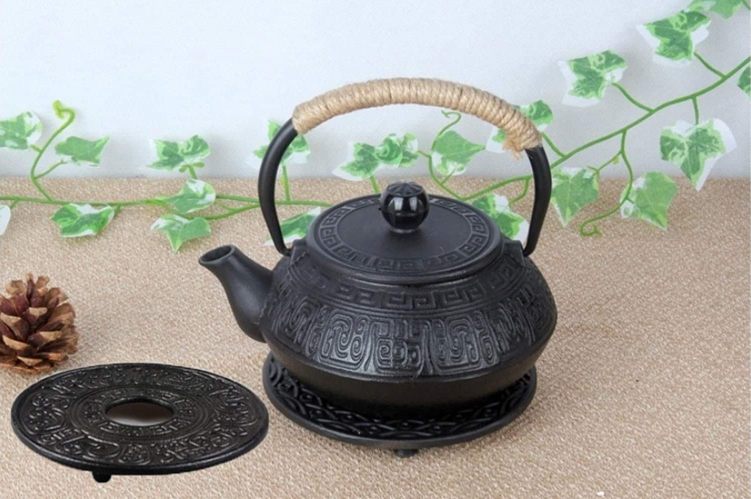 Tetsubin Japonés Tetera de Hierro Fundido, Tetera de Hierro Fundido con Infusor de Acero Inoxidable para Té de Hojas Sueltas, Tetera Revestida con Interior Esmaltado, Patrón Antiguo 600ml/20oz