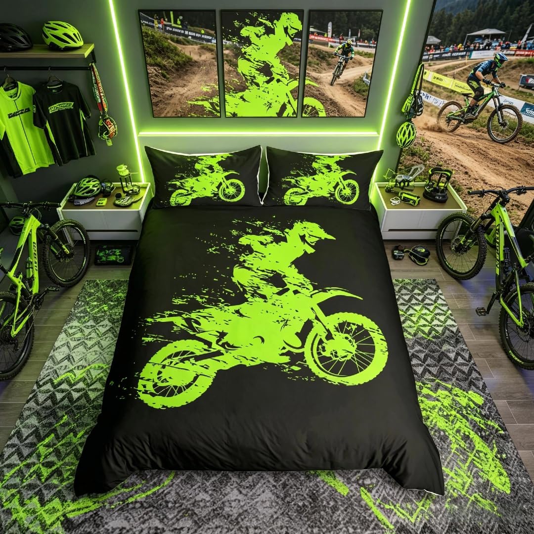 Homemissing Motocross Rider Bedding Set for Girls Boys Children Extreme Sports Theme Comforter Cover Dirt Bike Motorbike Duvet Cover Green Black Bedding & Linen Super King Bedding 3Pcs — image 1