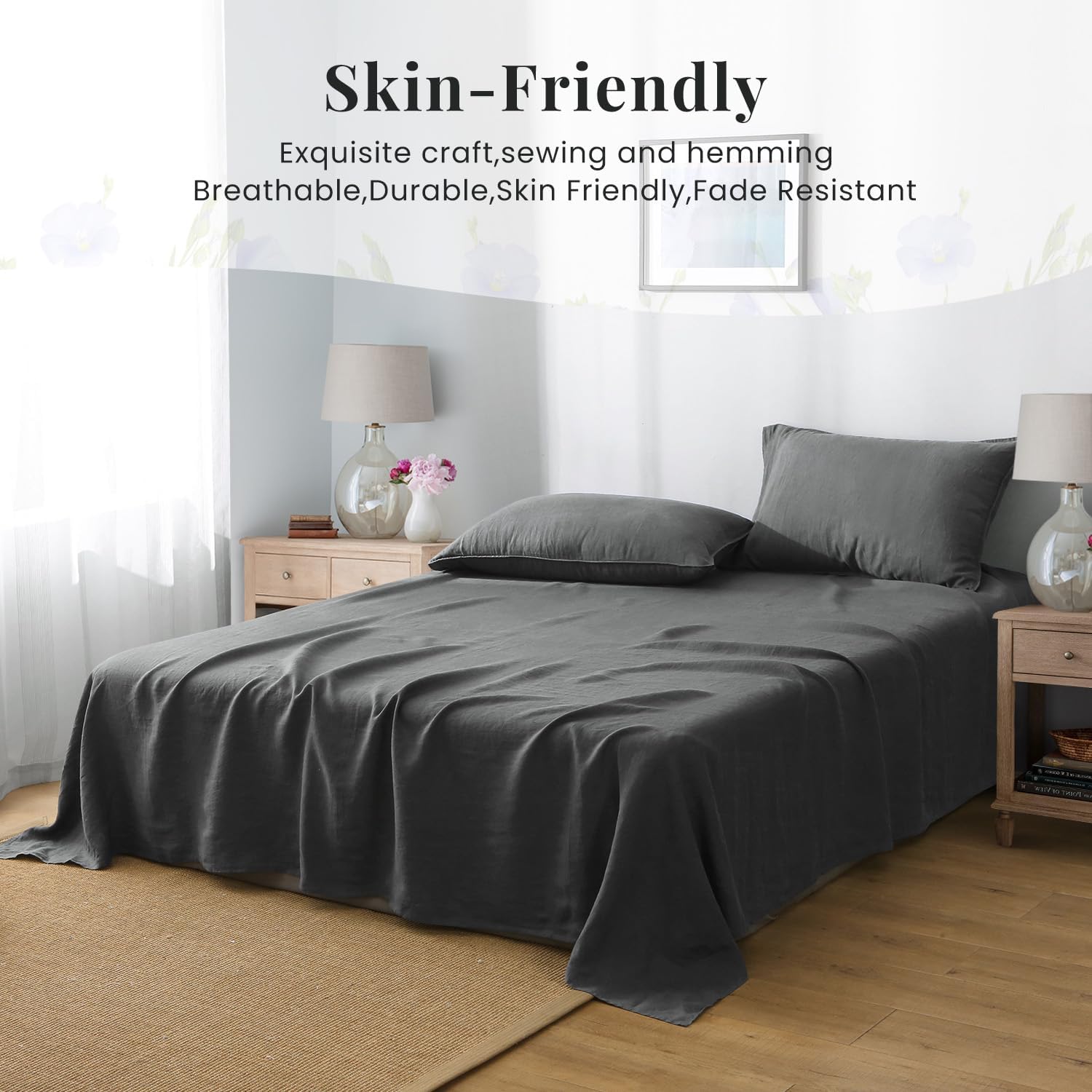 S VICTORY SYMBOL 100% Organic Linen Sheets Set California King Size 4Pcs,French Natural Flax Bed Sheets,GOTS Certified,Breathable Bedding Set,Dark Grey,Cal King