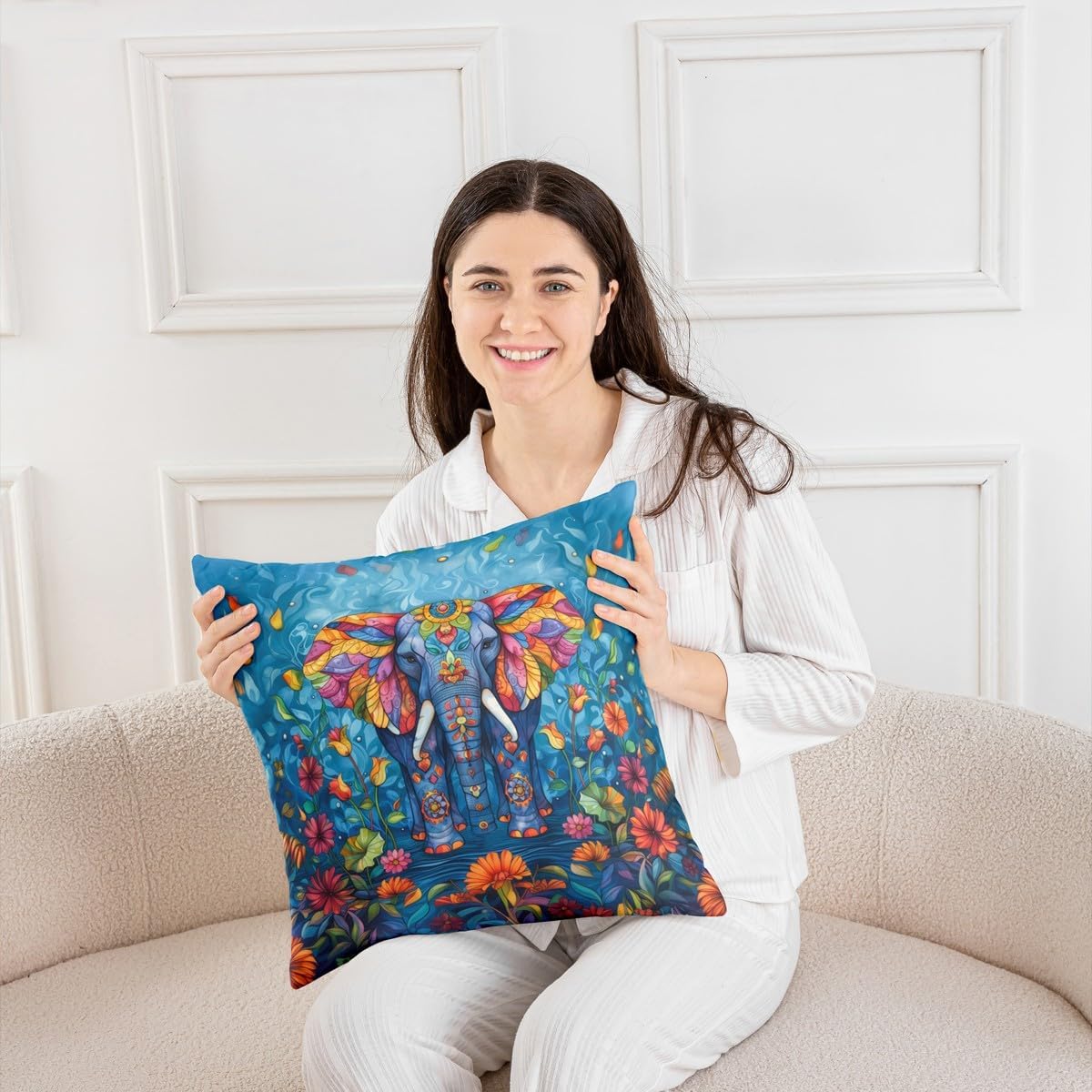 Flowers Rustic Garden Botanical Double Sides Print Pillow Cover for Sofa Couch Chair,Ethnic Elephant Wildlife Animals Throw Pillow Case Cover,Elephant Single Pack Cushion Cover Room Decor,24"x 24"