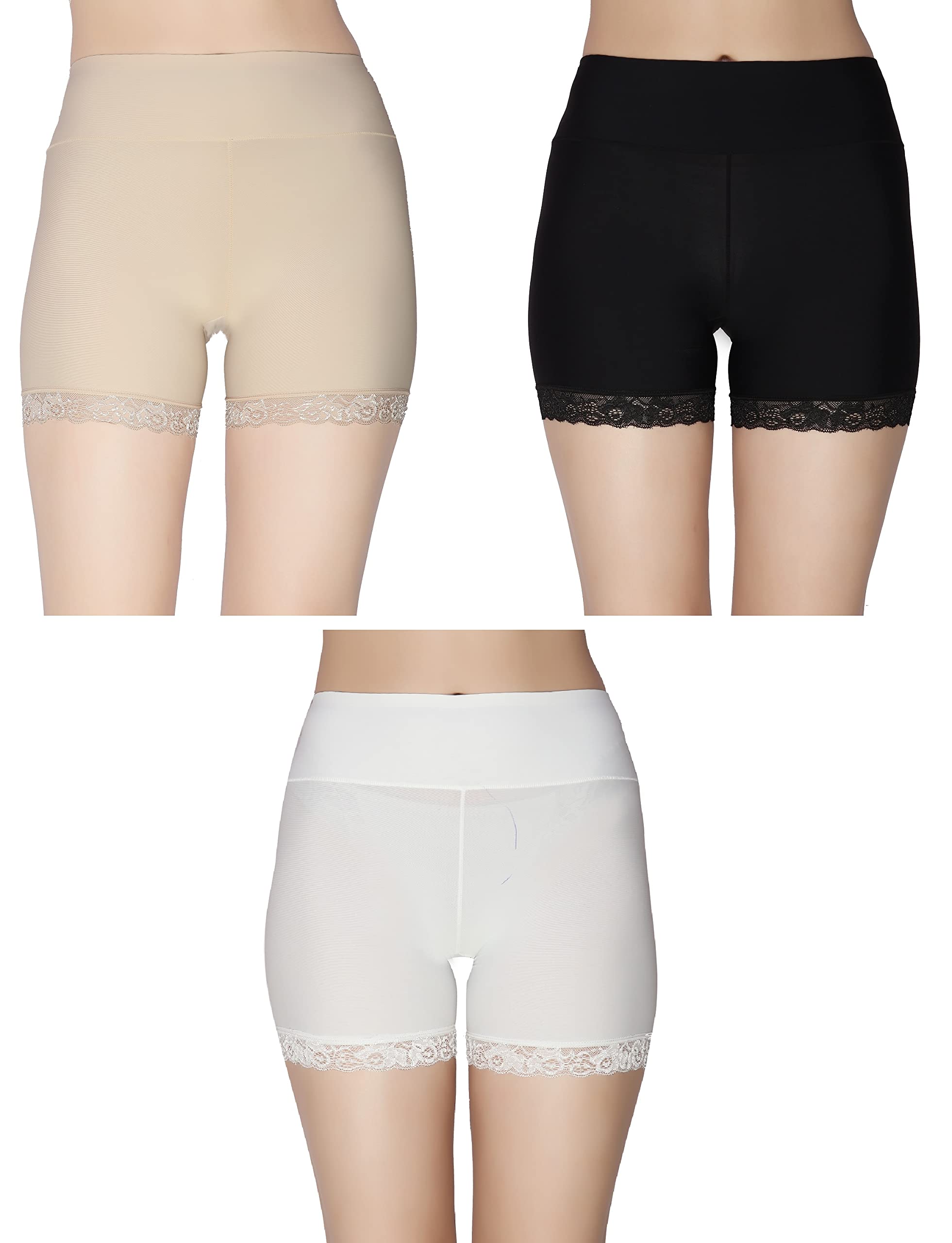 glamoras Women’s Nylon Spandex High Waist Ice Silk Seamless Comfortable Safety Shorts/Under Skirt Shorts/Cycling Shorts with Lace, Free Size, Pack of 3, Black, White, Beige-picture-13