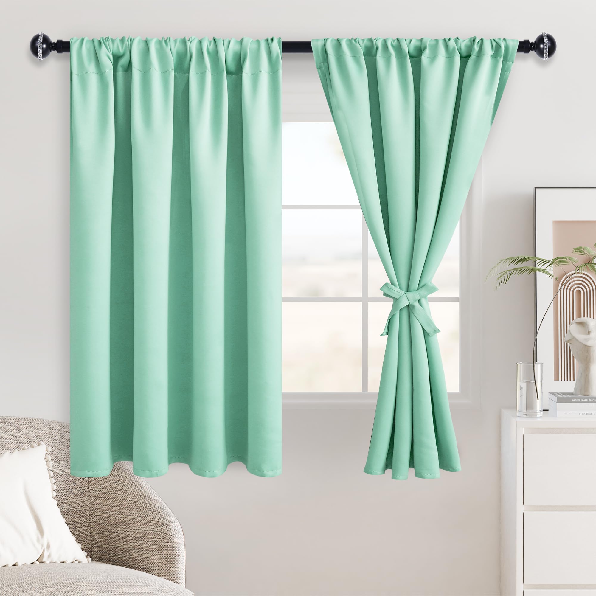 JIUZHEN Blackout Curtains for Bedroom - Thermal Insulated Noise Reducing Privacy Short Curtain for Living Room, Set of 2 Panels with Tiebacks, 42 x 54