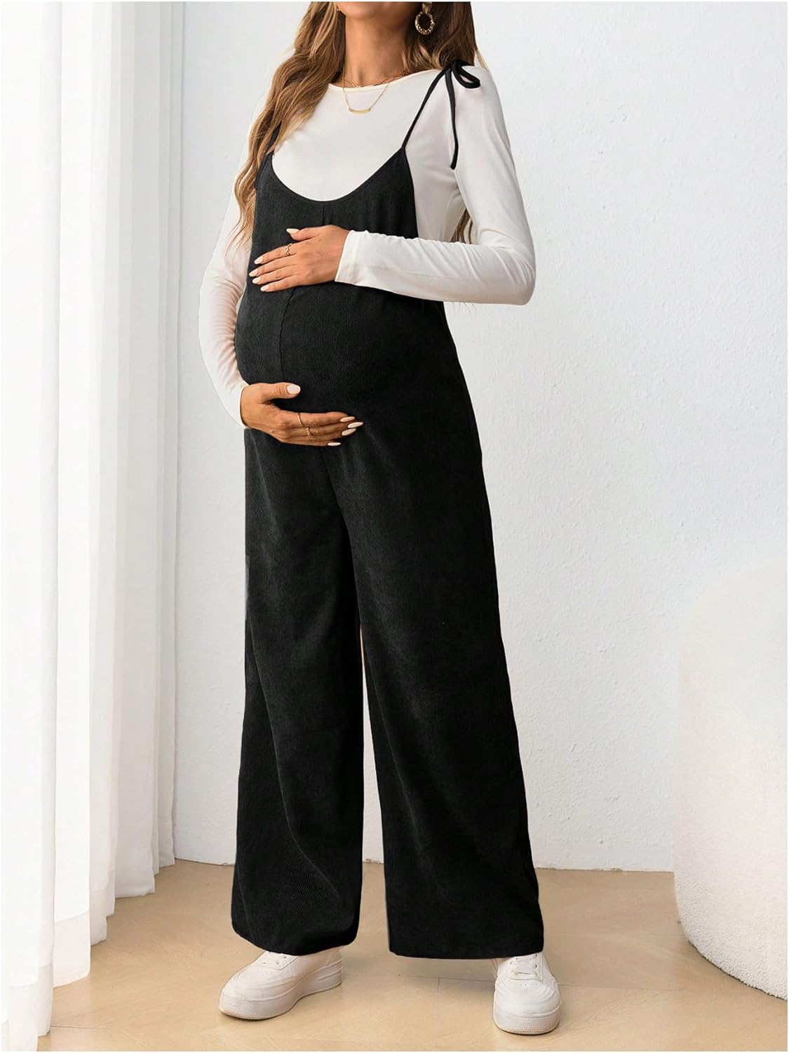 OYOANGLE Women's Maternity Wide Leg Overalls U Neck Spaghetti Strap Pregnancy Jumpsuits - Image 4