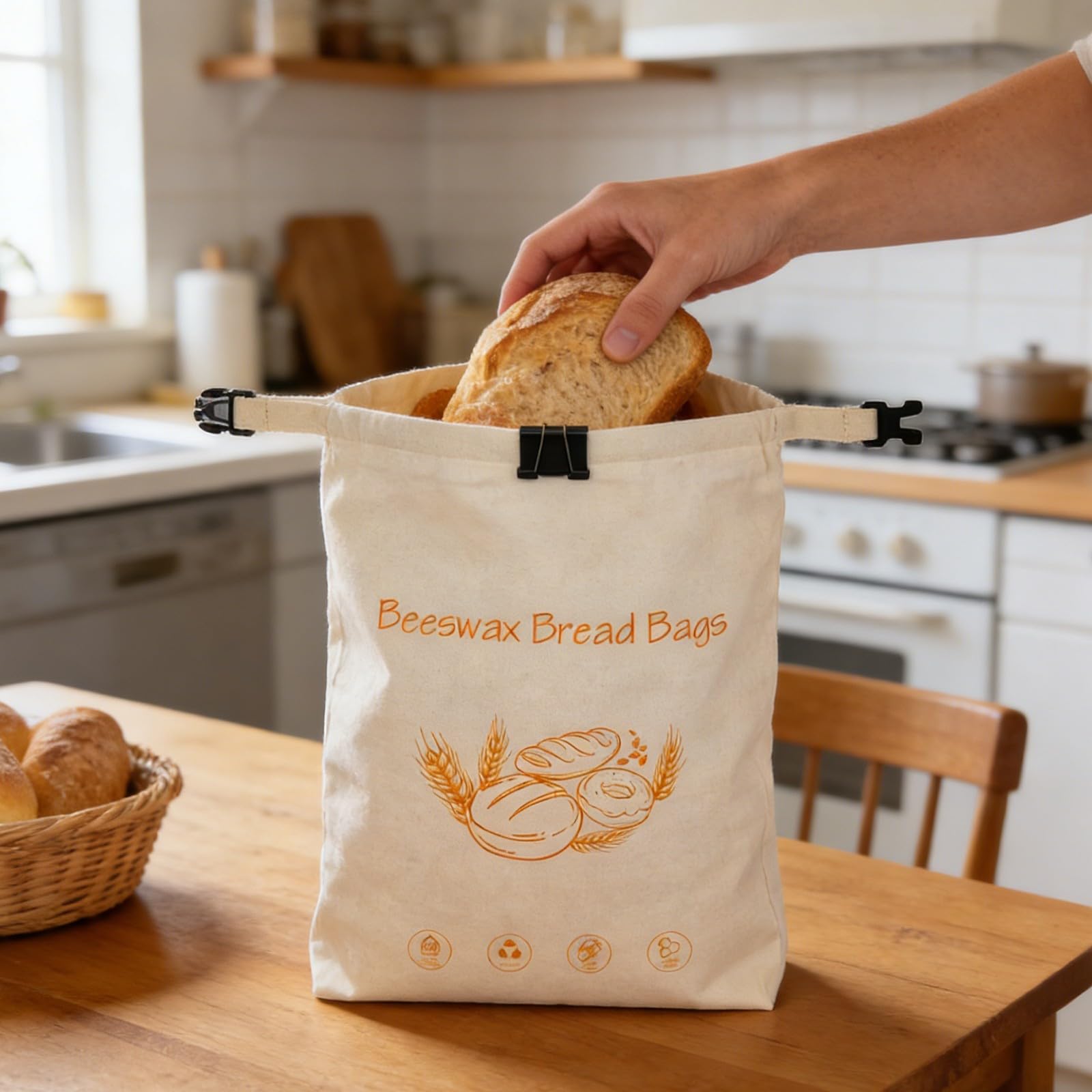 Borsa per alimenti in cotone biologico, cera d'api, con elastico e moschettone, essenziale per la cucina sostenibile per pane, formaggio, soluzione sostenibile per la cucina