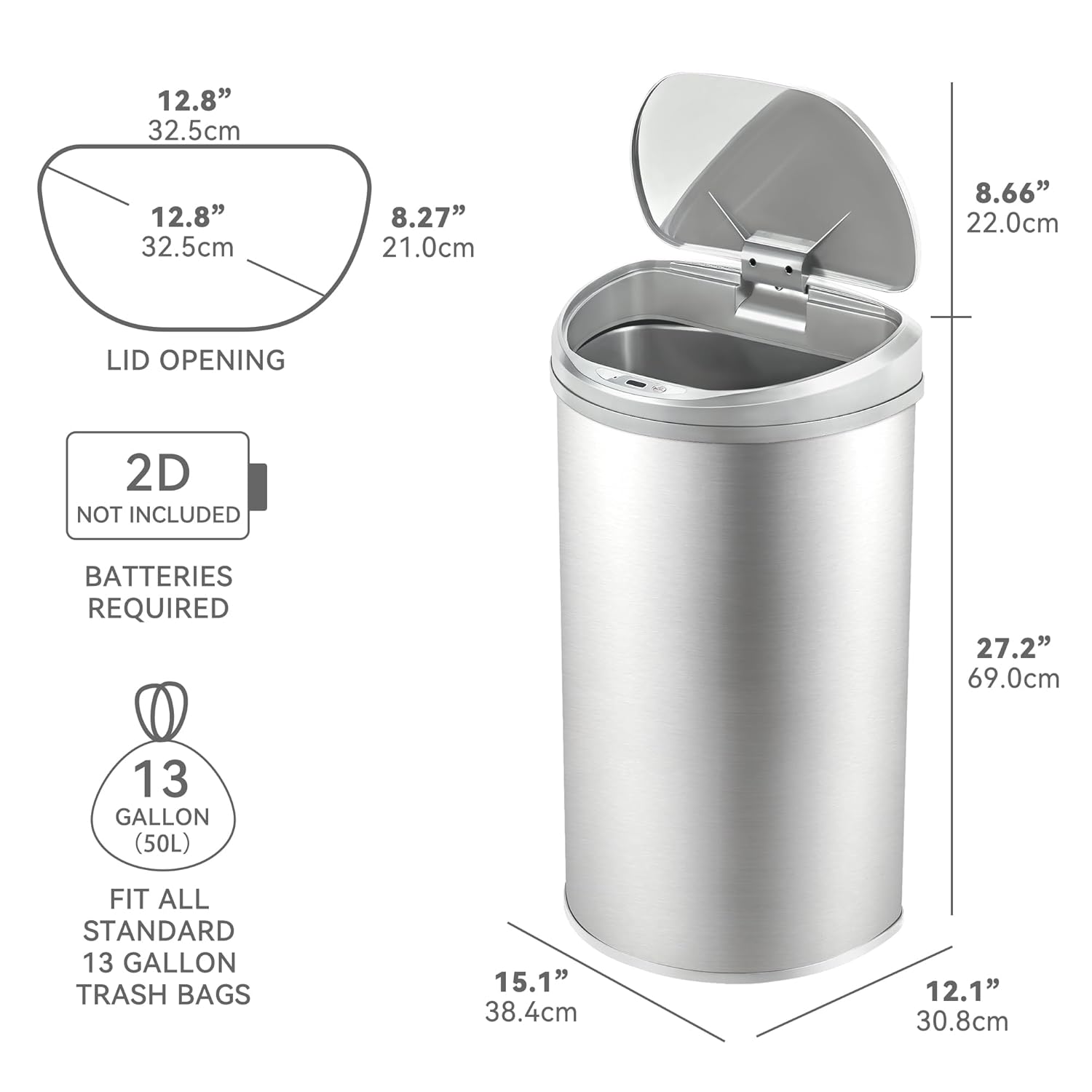 Diagram showing the dimensions of the Ninestars 13 Gallon D-shaped trash can, including lid opening, overall height, length, and width. It also indicates that 2D batteries are required and not included.