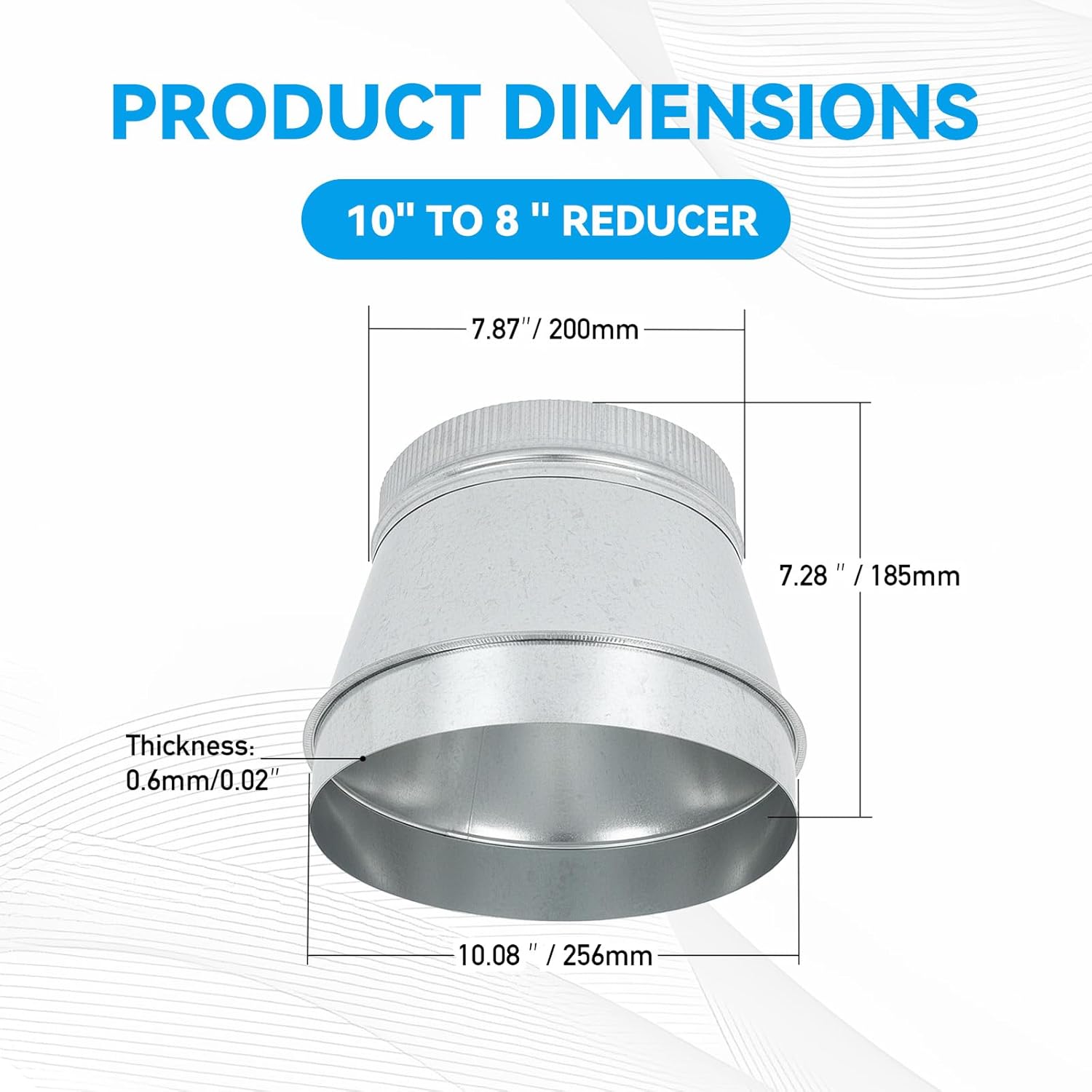 Duct Reducter 10" to 8" Inch Air Ducting Reducer Increaser Air Duct Adapter or Round Metal Pipe Reducer for Bathroom Kitchen Ventilation Systems