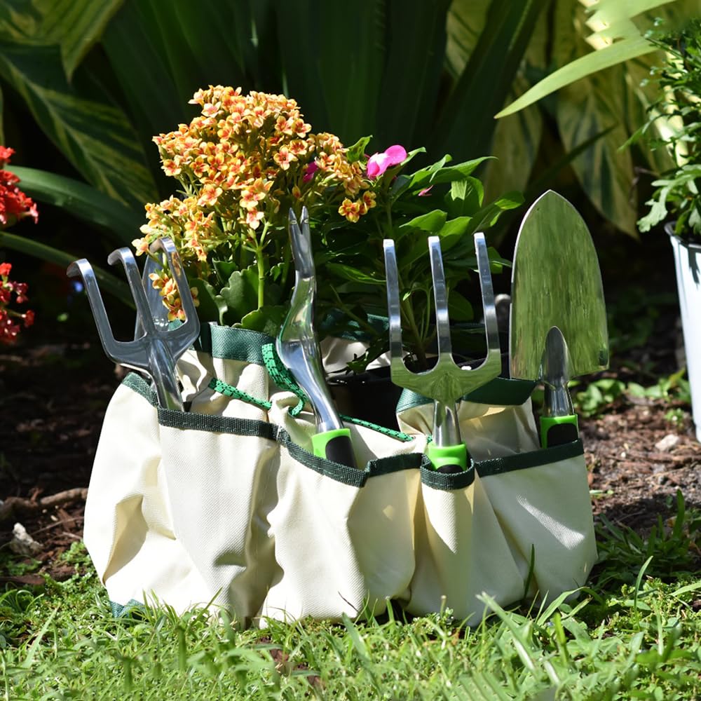 Herramientas de jardín para mujer, juego de herramientas de jardinería de aleación de aluminio, kit de iniciación de herramientas manuales con bolsa de jardín, regalos de jardinería para mujeres y