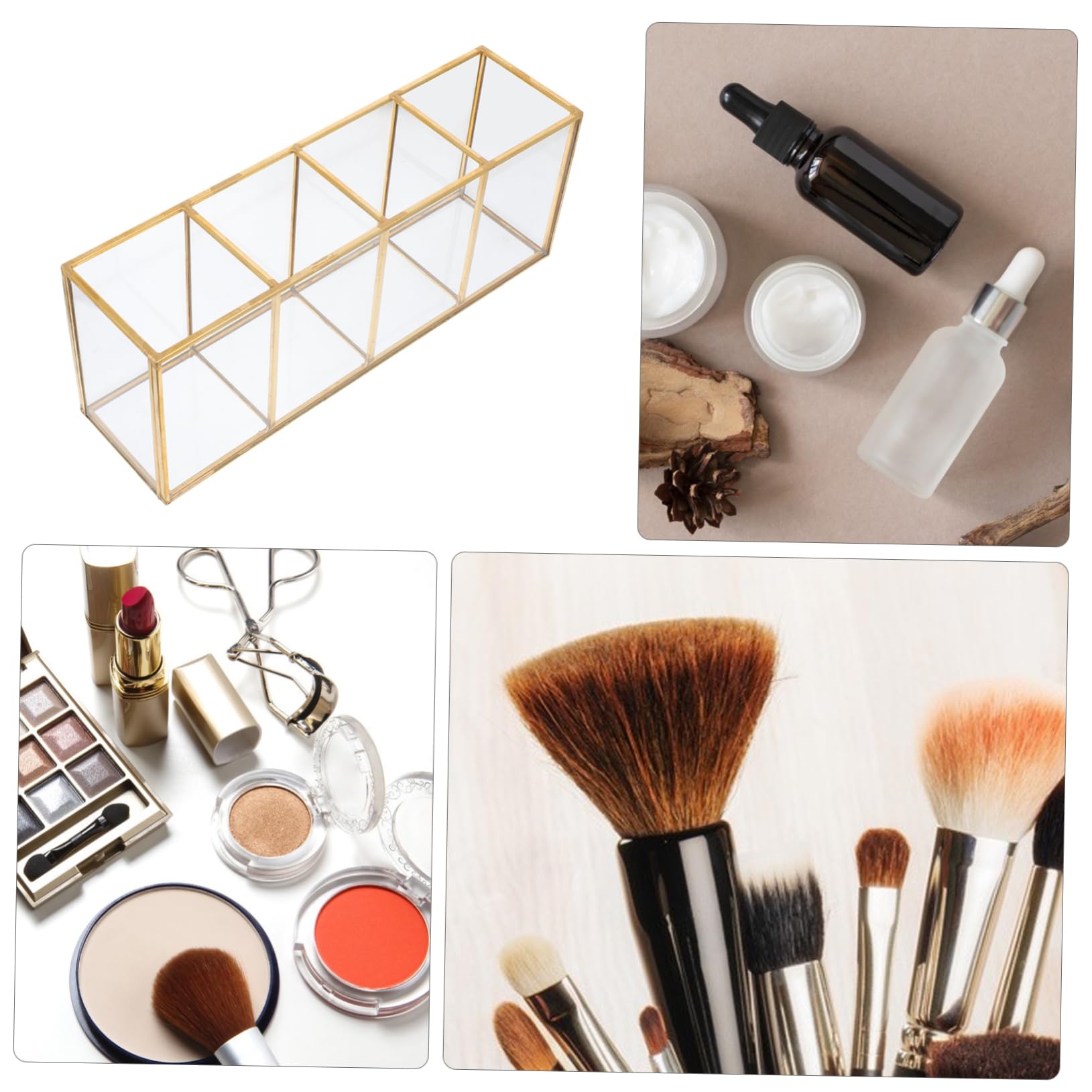Boîte de Rangement et Laiton de Bureau en Verre pour Maquillage Or