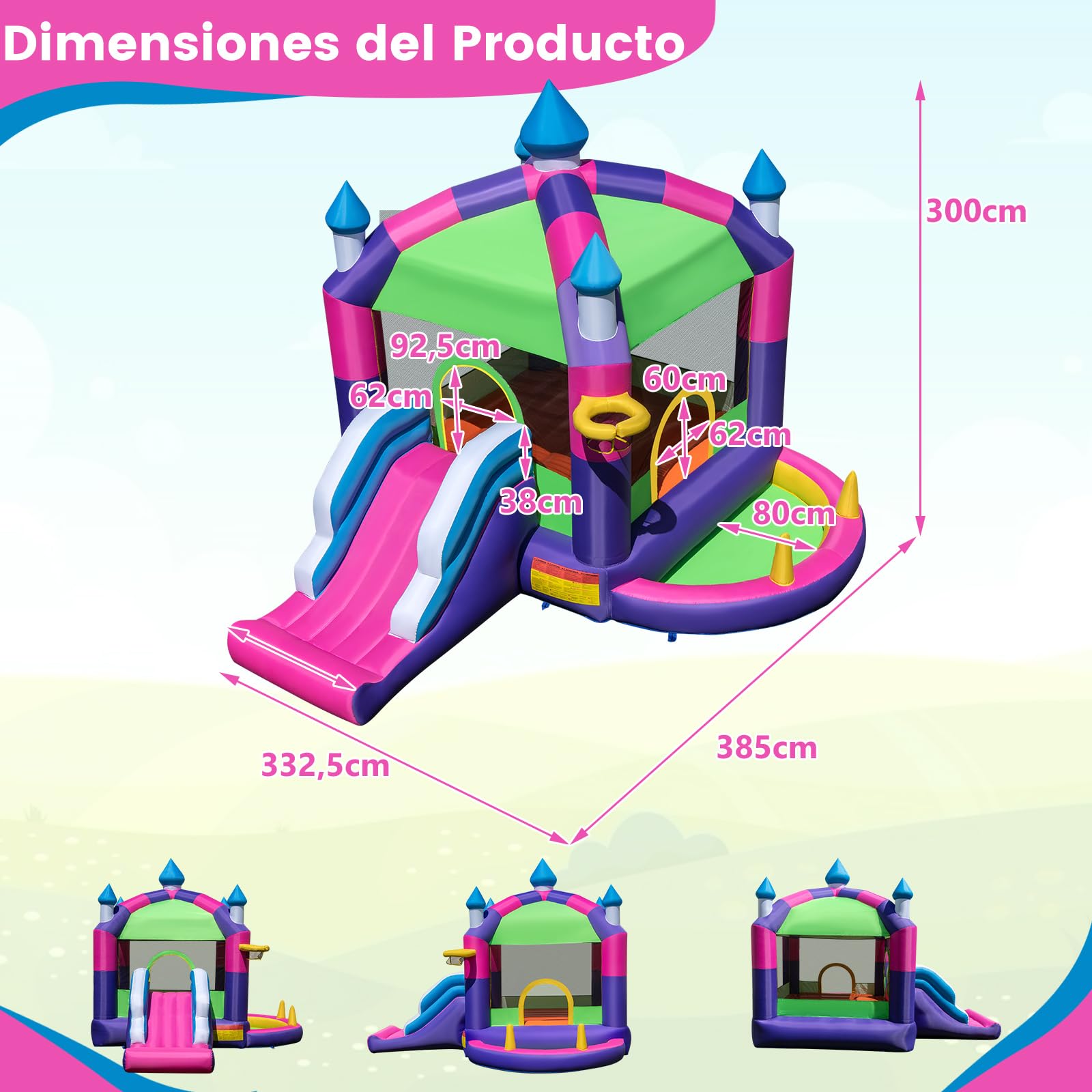 COSTWAY 5 en 1 Castillo Hinchable para Niños, Castillo Hinchable Grande con Tobogán, Piscina de Bolas, Techo Sombreado, para Niños 3-10 Años, Insuflavel Criança Interior Exterior, 385 x 332,5 x 300 cm
