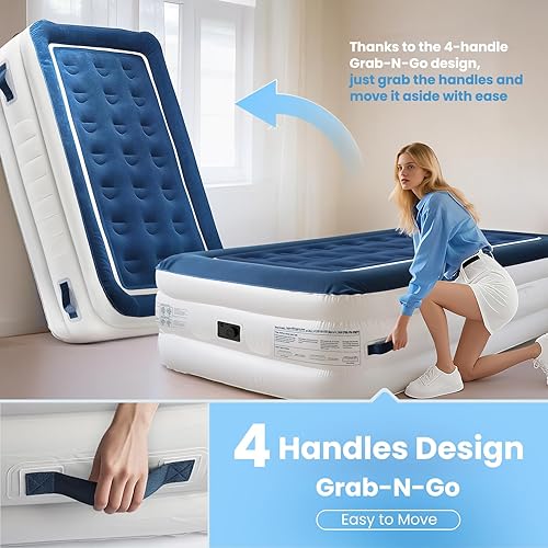 Miniatura 2 de KINGJERRY Colchón de aire individual con bomba integrada y 4 asas portátiles, colchón inflable elevado de 18 pulgadas para invitados, cama de aire